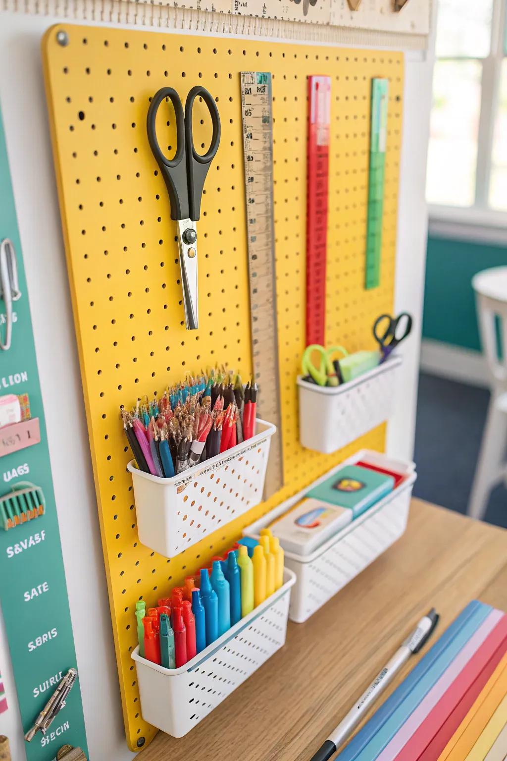 Pegboards provide a stylish and practical storage solution.