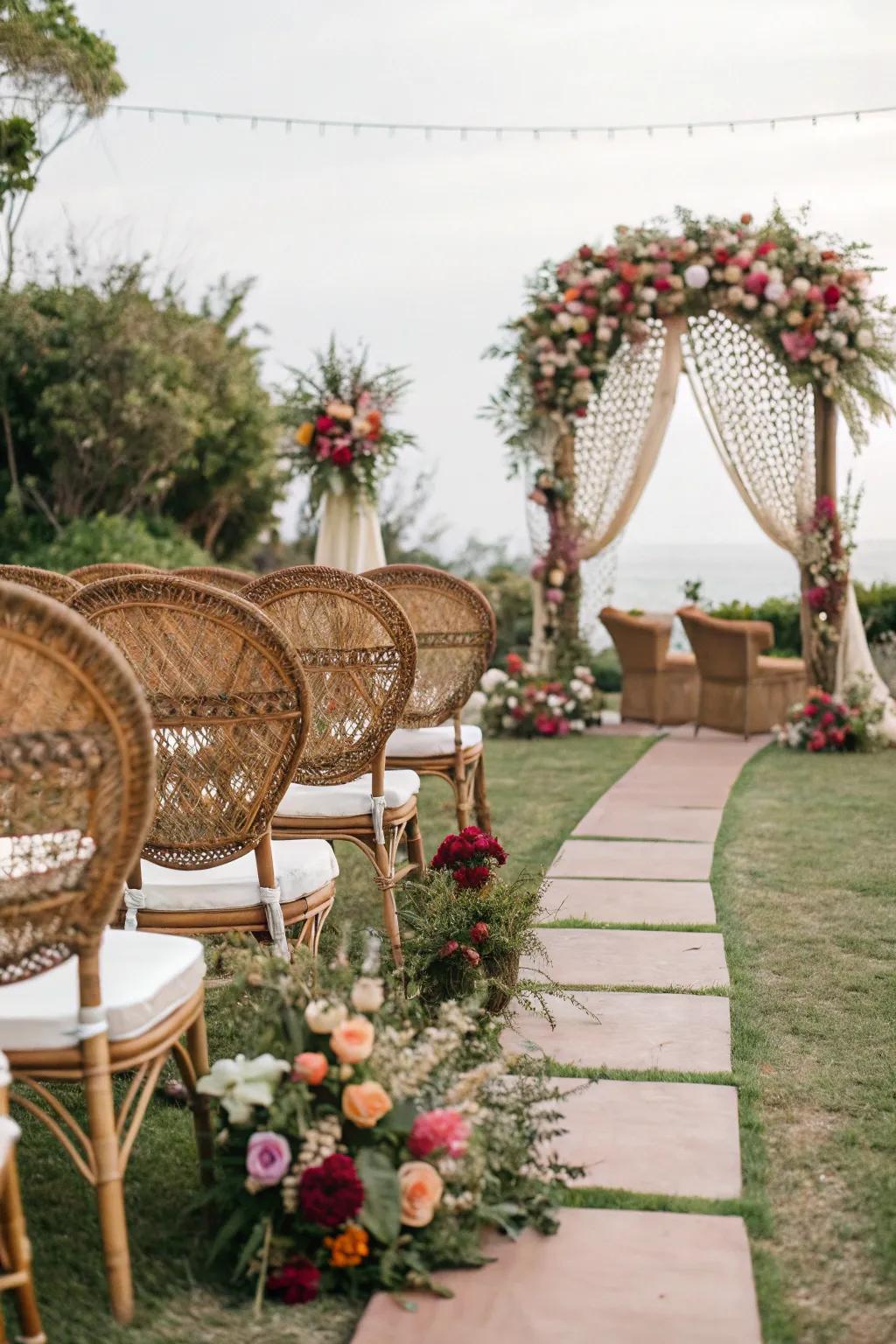 Refined regal perches embellished with flowers at a boho wedding.
