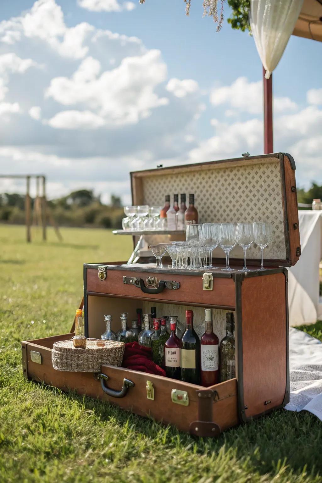 A retro travel trunk bar trolley imparts a vintage flair to your open-air meetups.