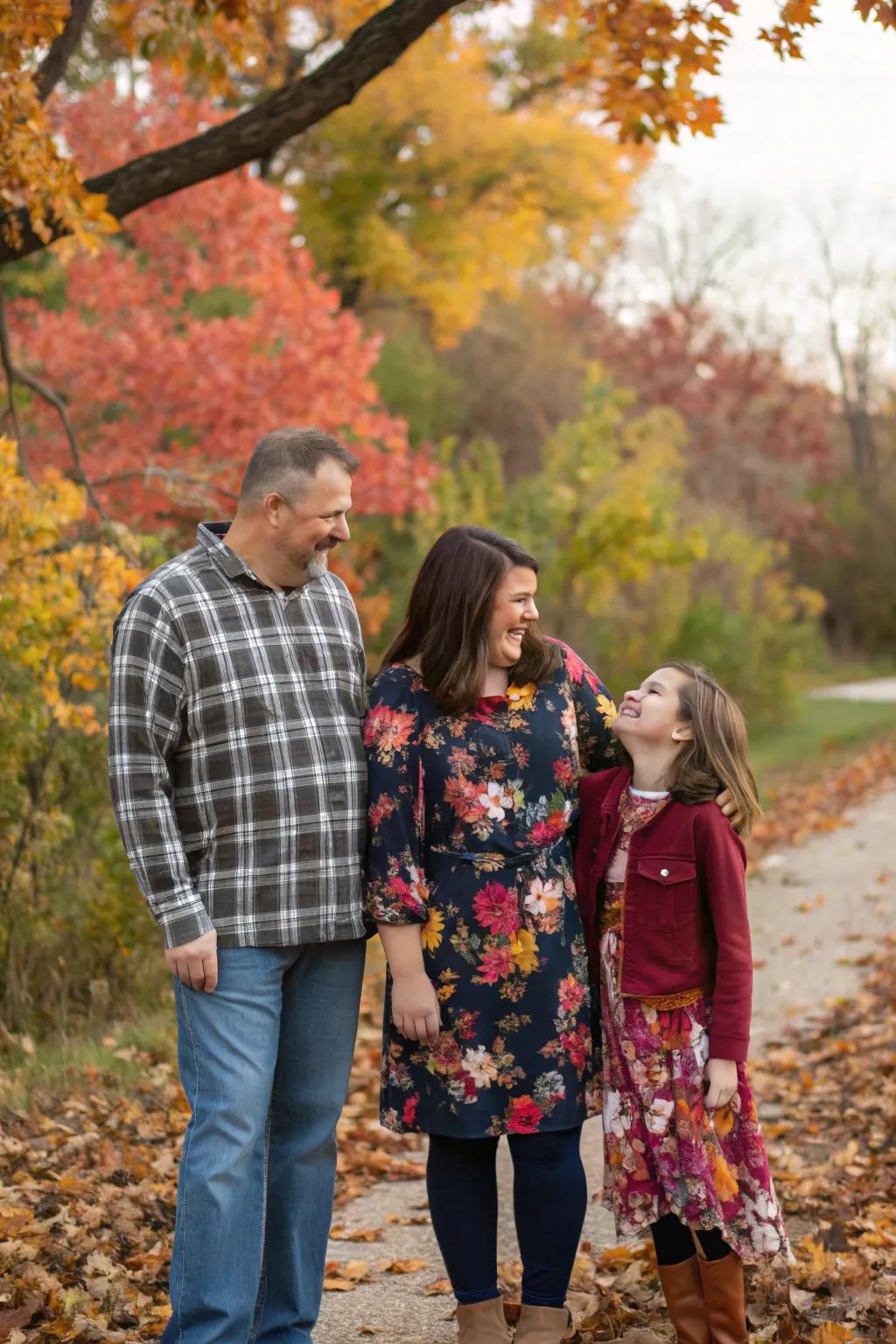 Floral patterns contribute a hint of love to autumnal family images.