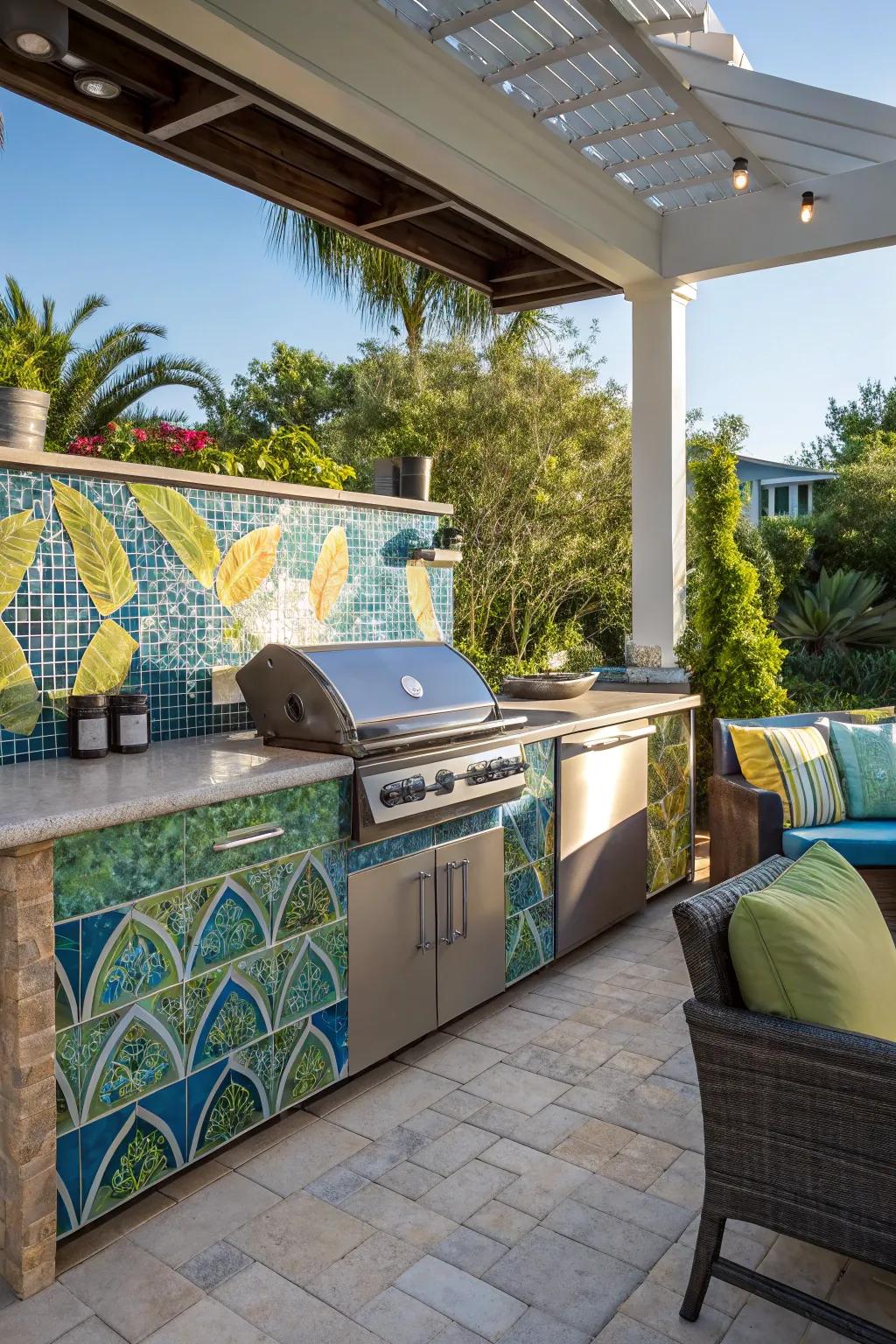 Glass mosaic tiles introduce vibrant color and shine to any outdoor kitchen design.