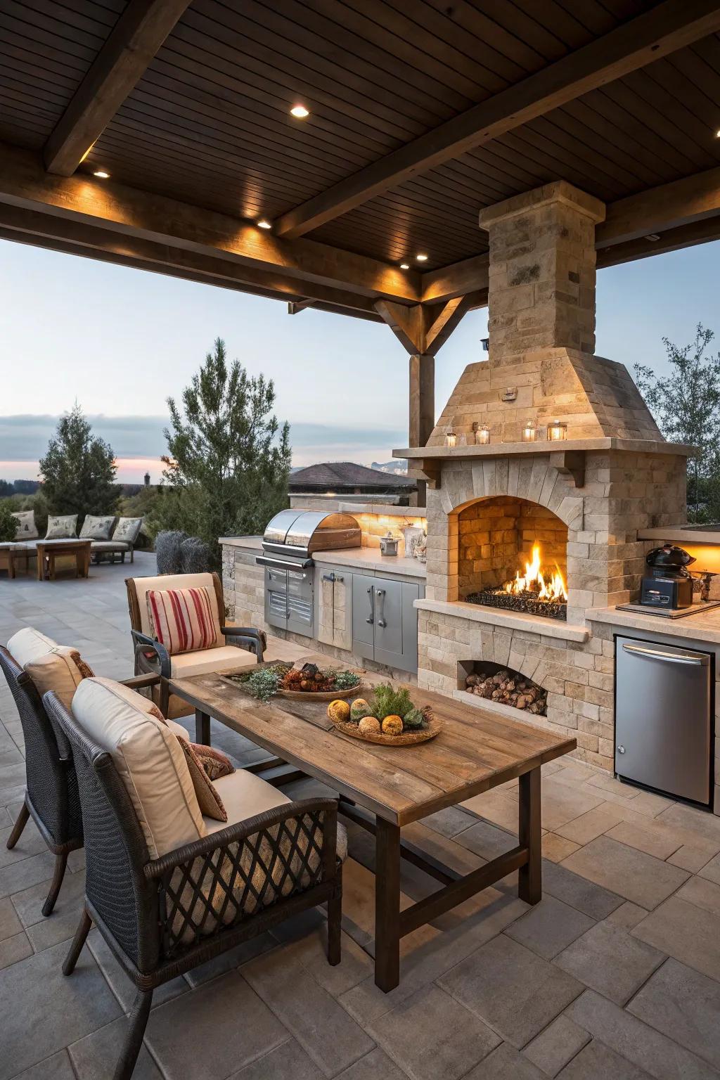A stylish outdoor kitchen island featuring a built-in fireplace, ideal for nighttime gatherings.