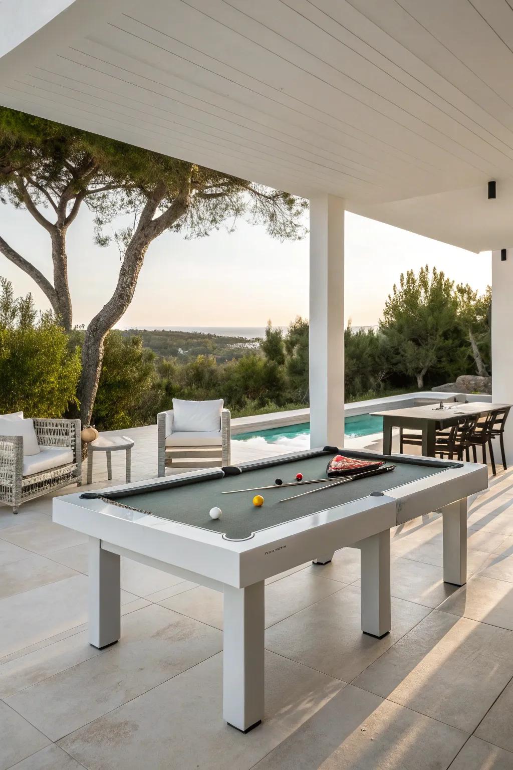 A sleek, contemporary outdoor billiard table arrangement complete with minimalist furnishings.