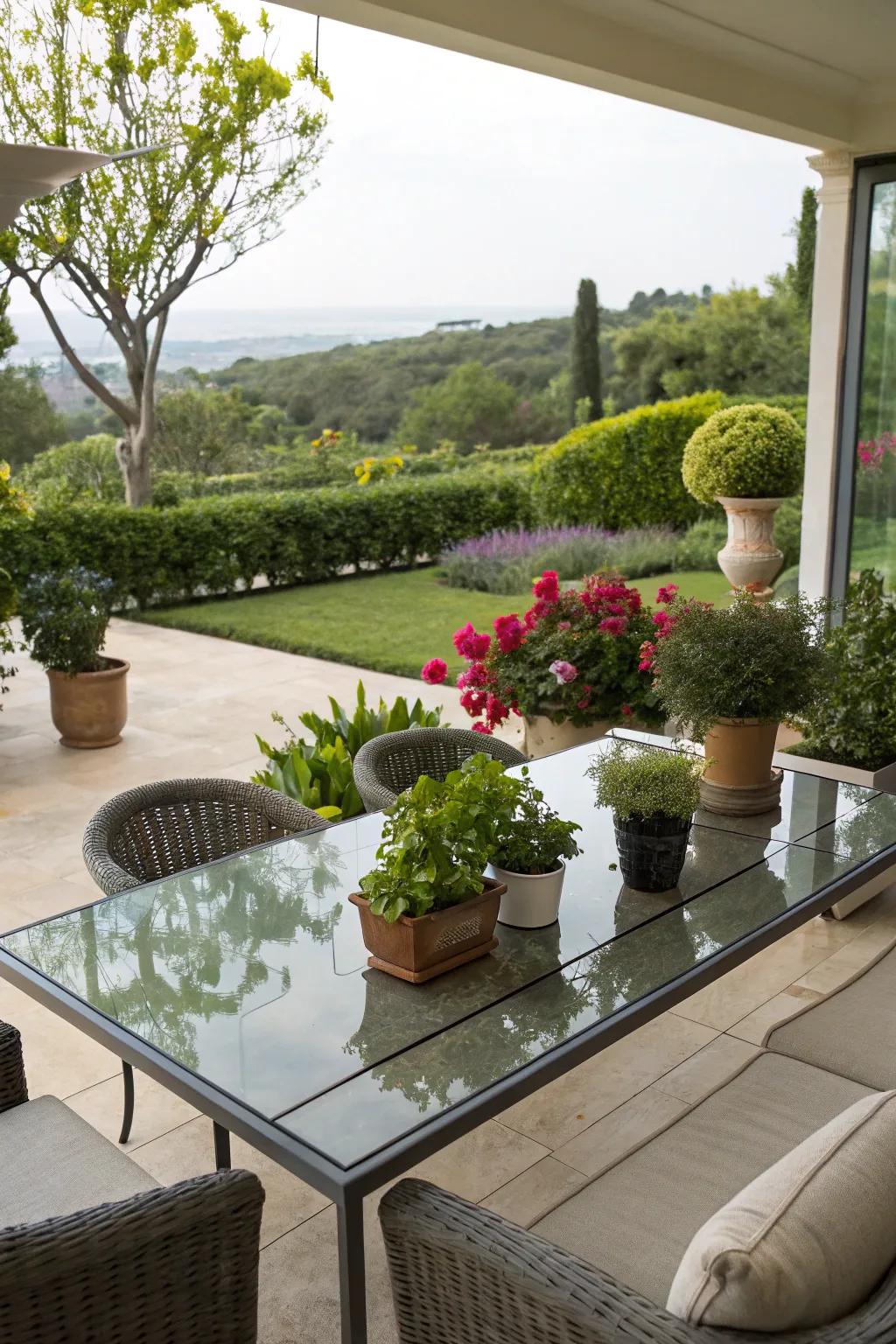 Glass table tops provide a current touch while mirroring garden landscapes.