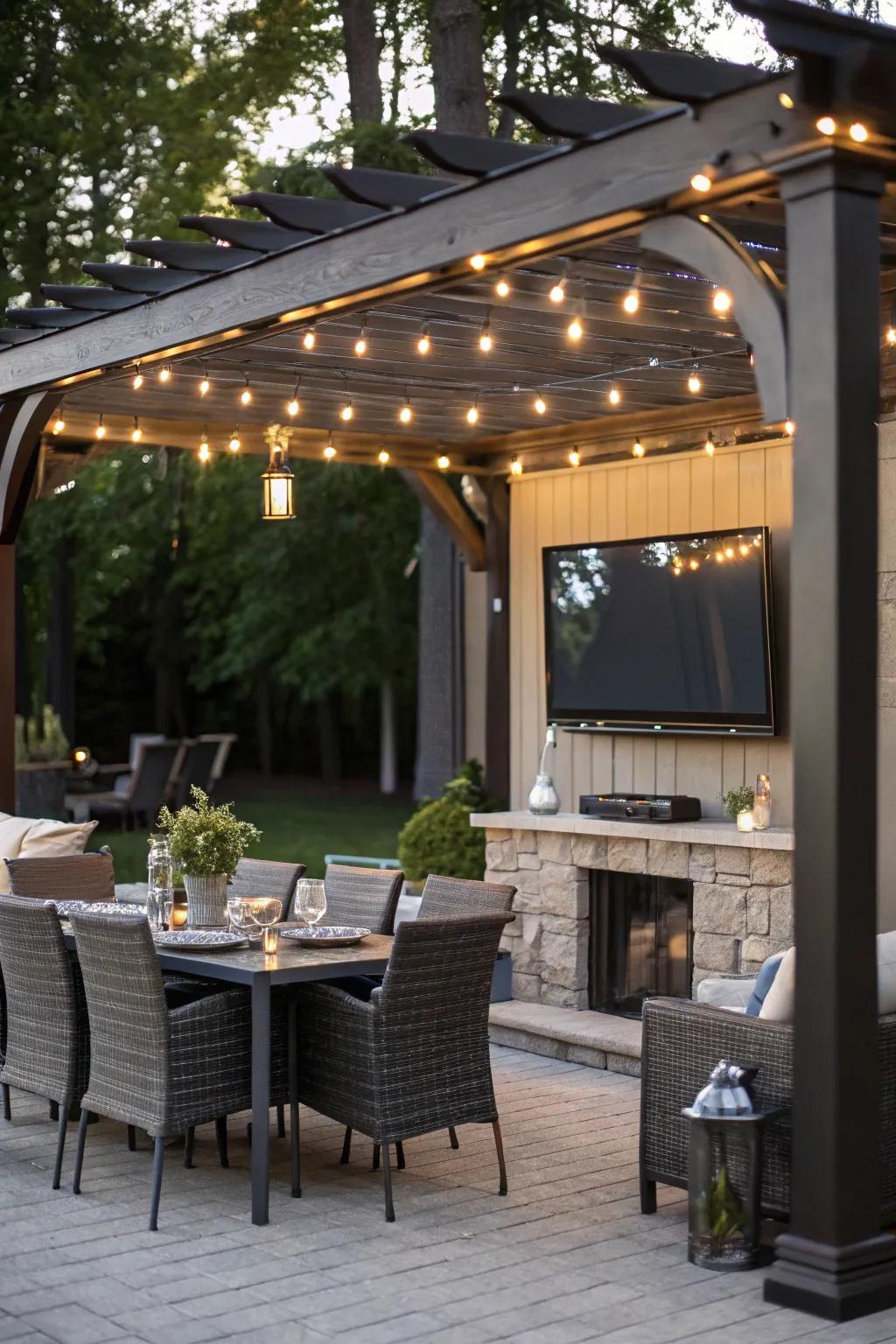 A TV under a pergola blends style and functionality in outdoor spaces.