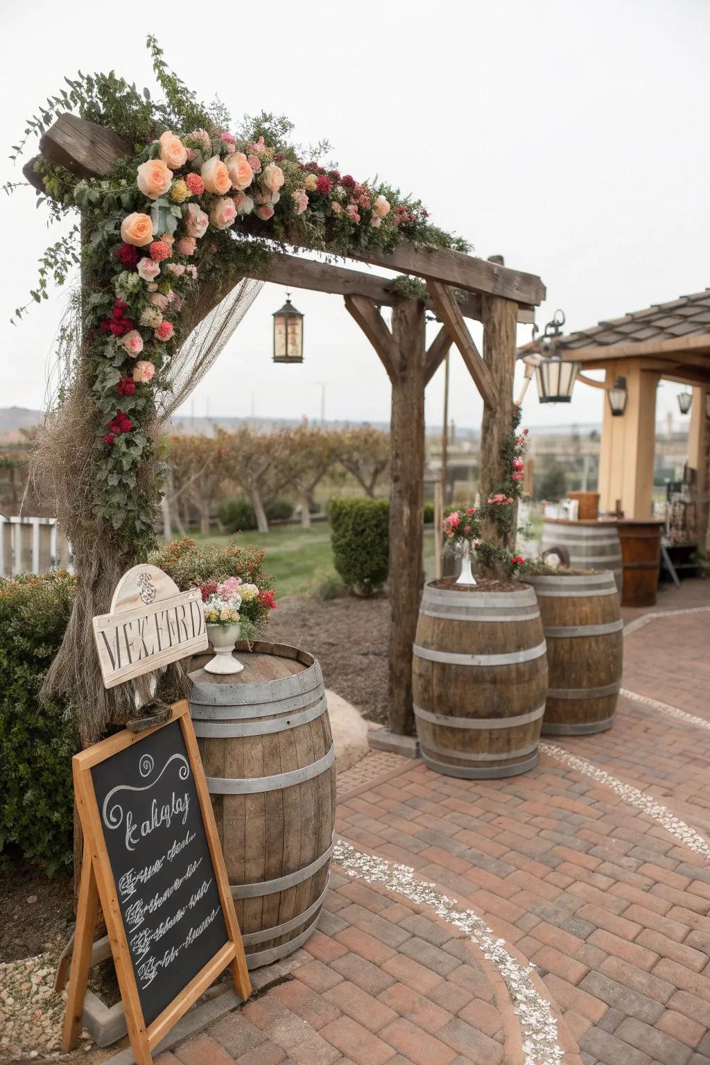 Bring appeal using countryside accents like kegs and plank signage.