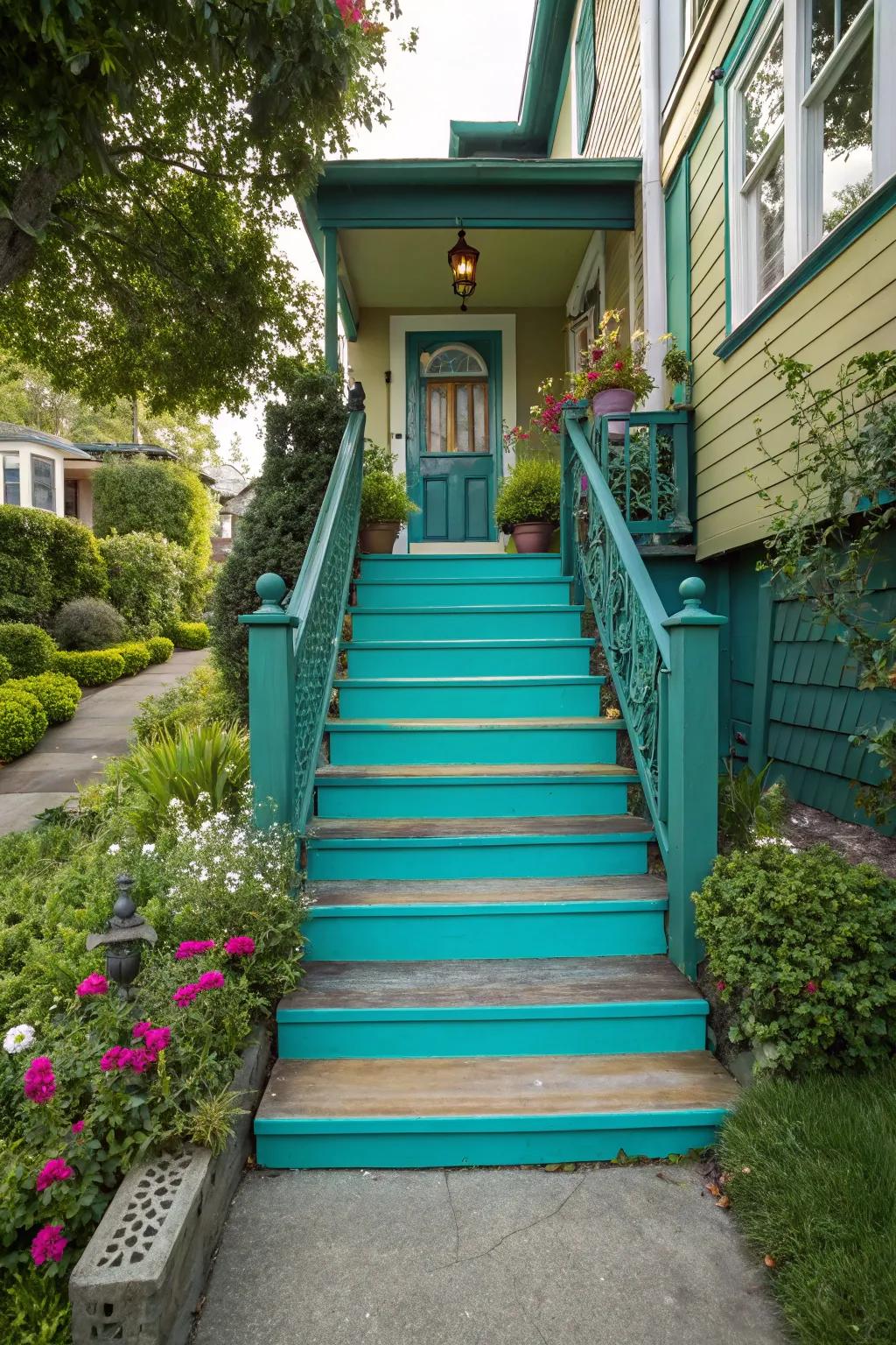 Radiant teal steps that make a strong entrance statement.