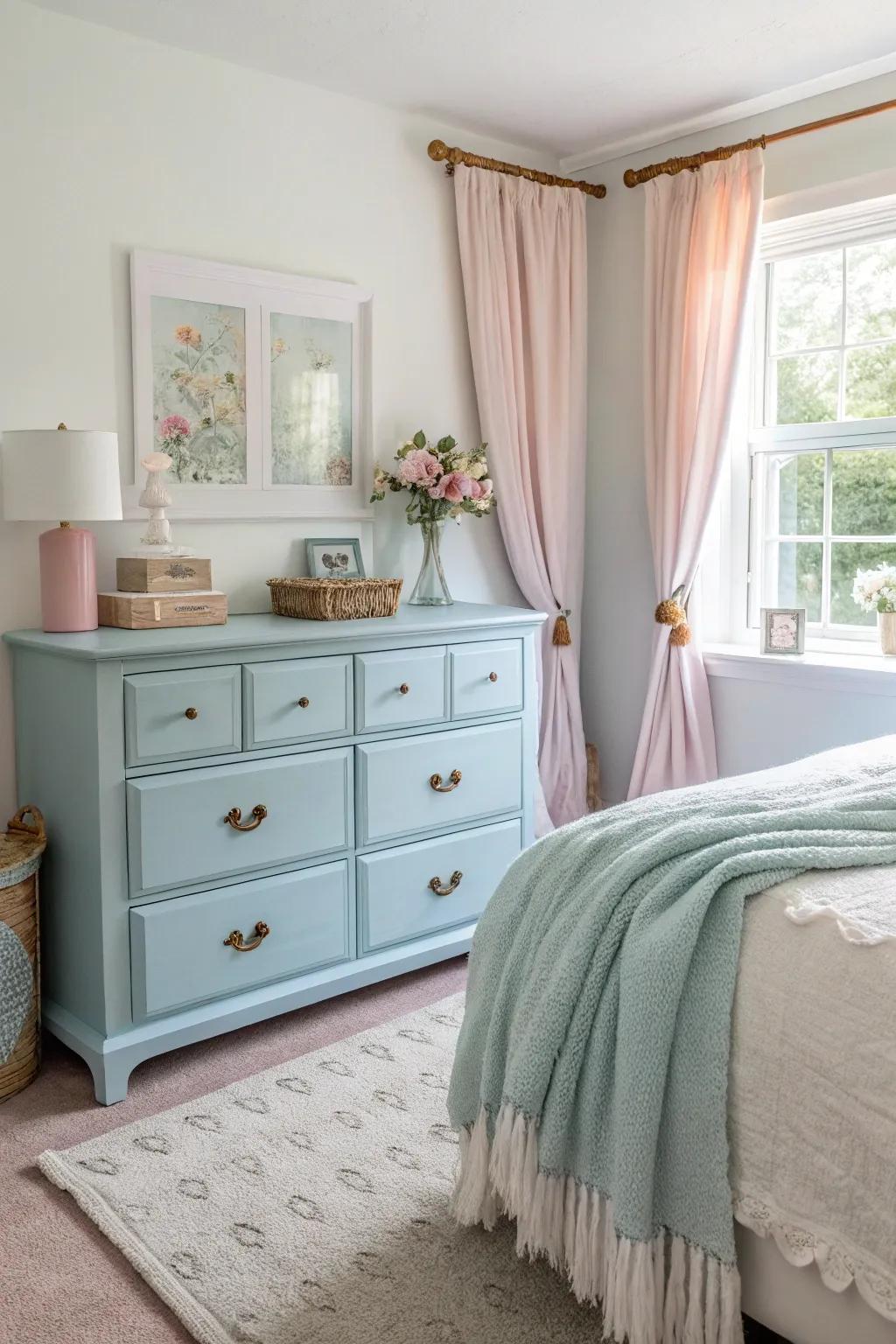 Establish a soothing atmosphere with a sky blue dresser.