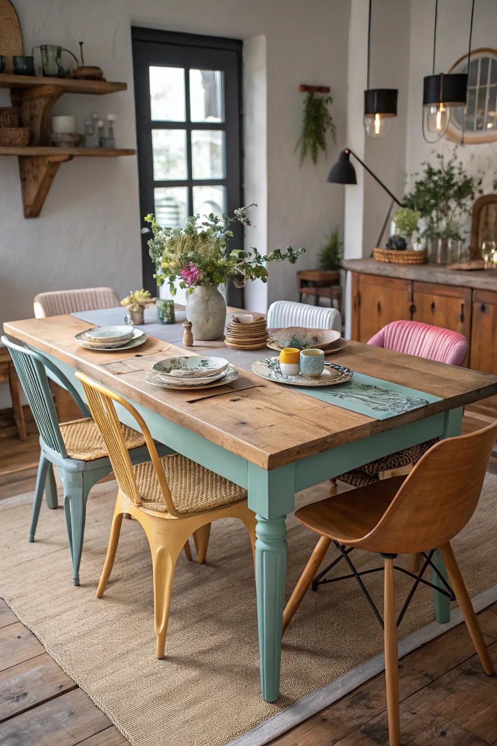 Diverse materials bring a free-spirited flair to your dining table.