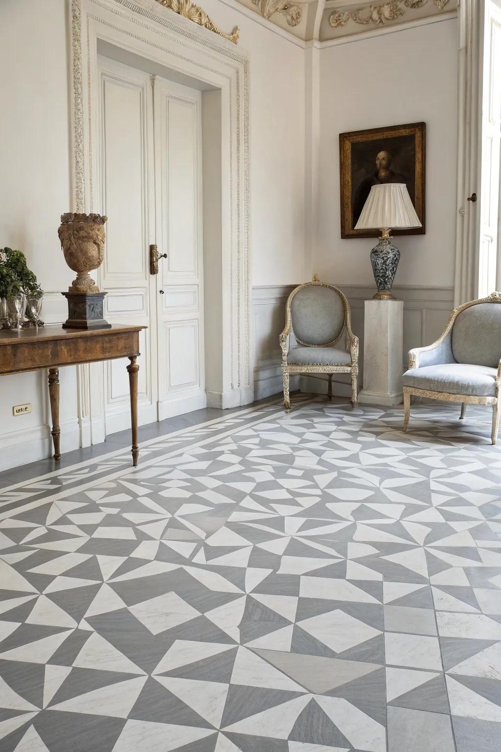 An elegant room with monochrome painted floors, radiating timeless sophistication with minimalist decor.