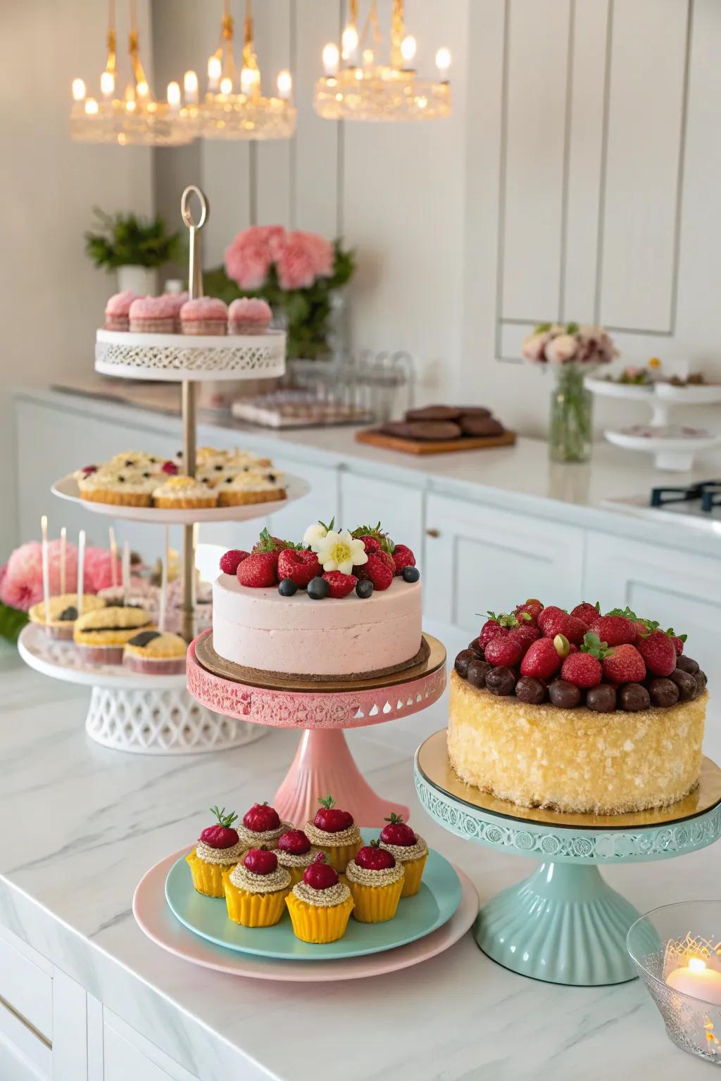 Elevated cake platforms enhancing the visual appeal of the dessert presentation.