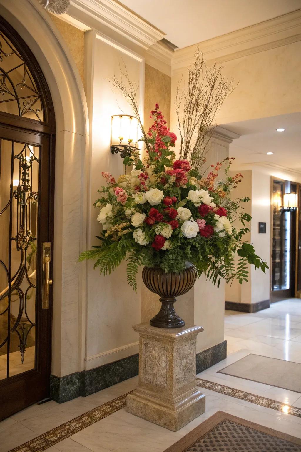 A refined floral display introduces grace and color to your entryway.