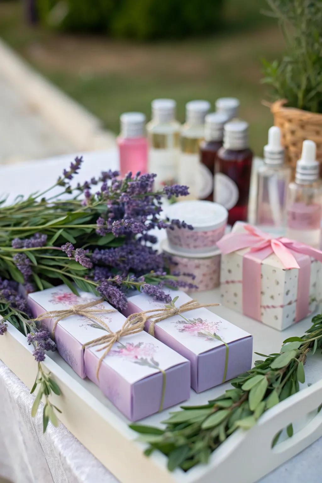 A party favor table decorated with fresh lavender and verdant foliage.