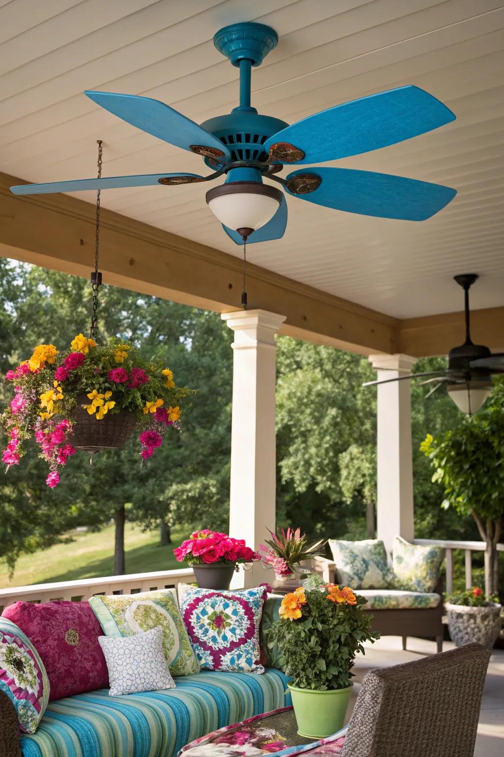 A lively patio featuring a ceiling fan with striking blue blades.