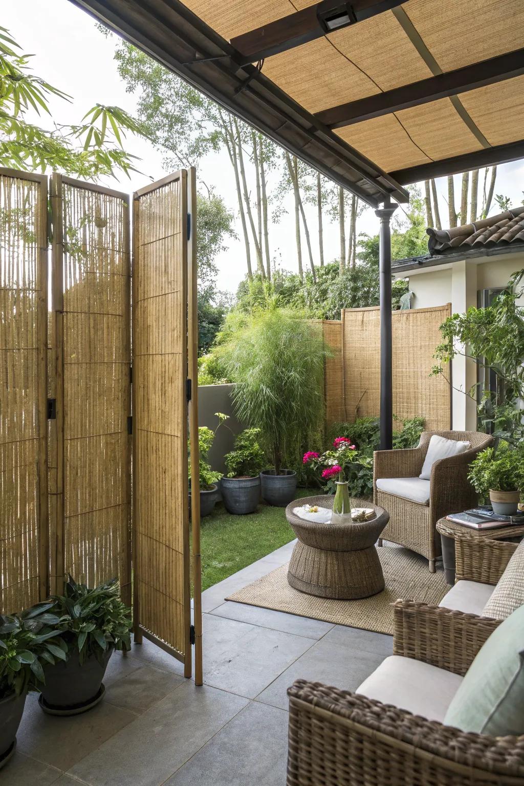 Bamboo screens present organic seclusion.