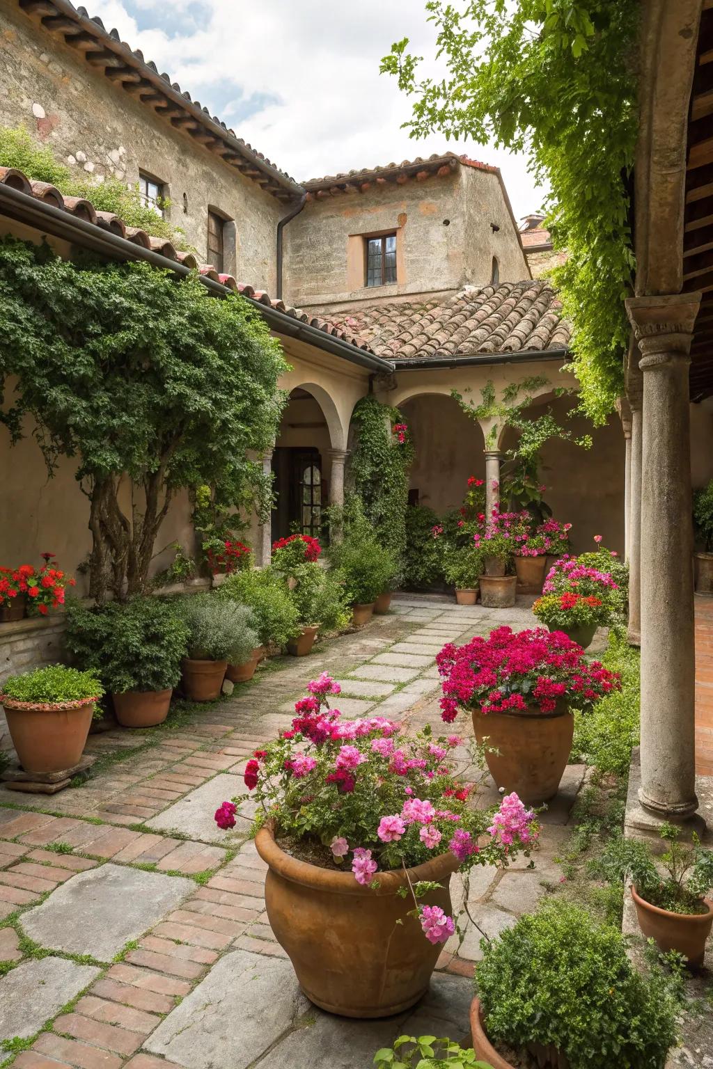 Terracotta pots introduce charm to this Italian garden ambiance.
