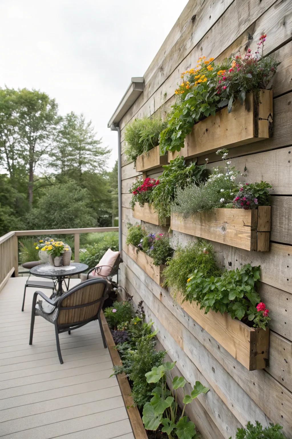 A wood feature that includes integrated planting containers for supplementary vegetation.