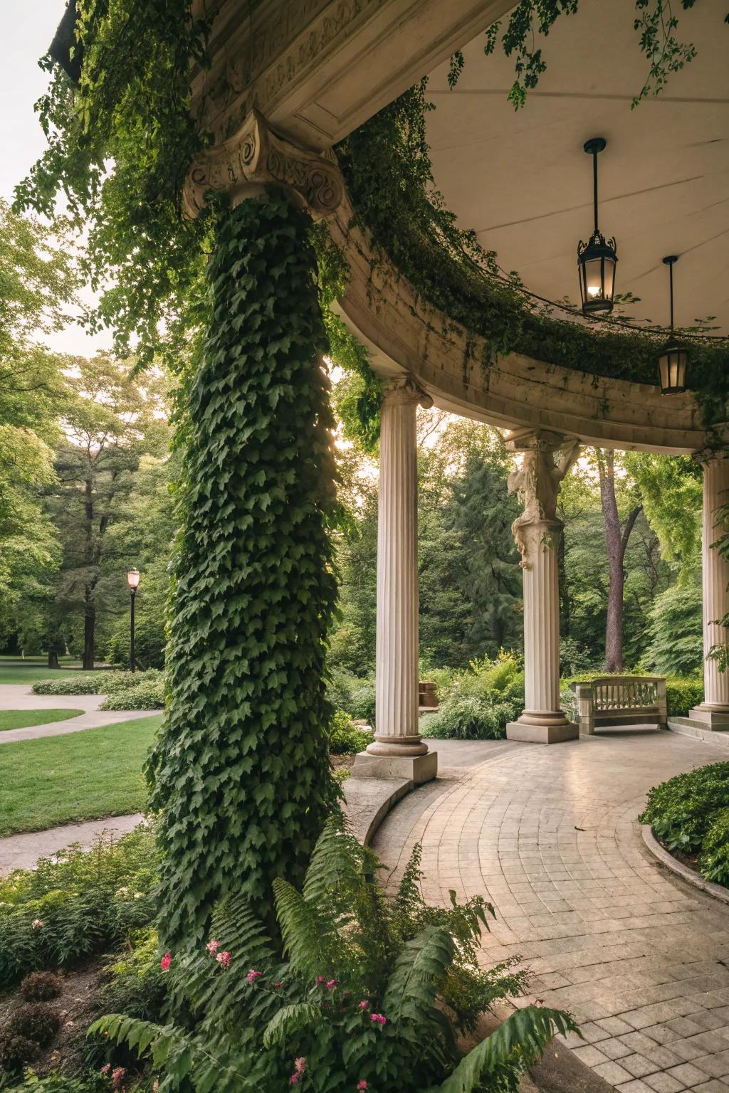 Foliage and climbers give the pavilion design a lush, natural feel.