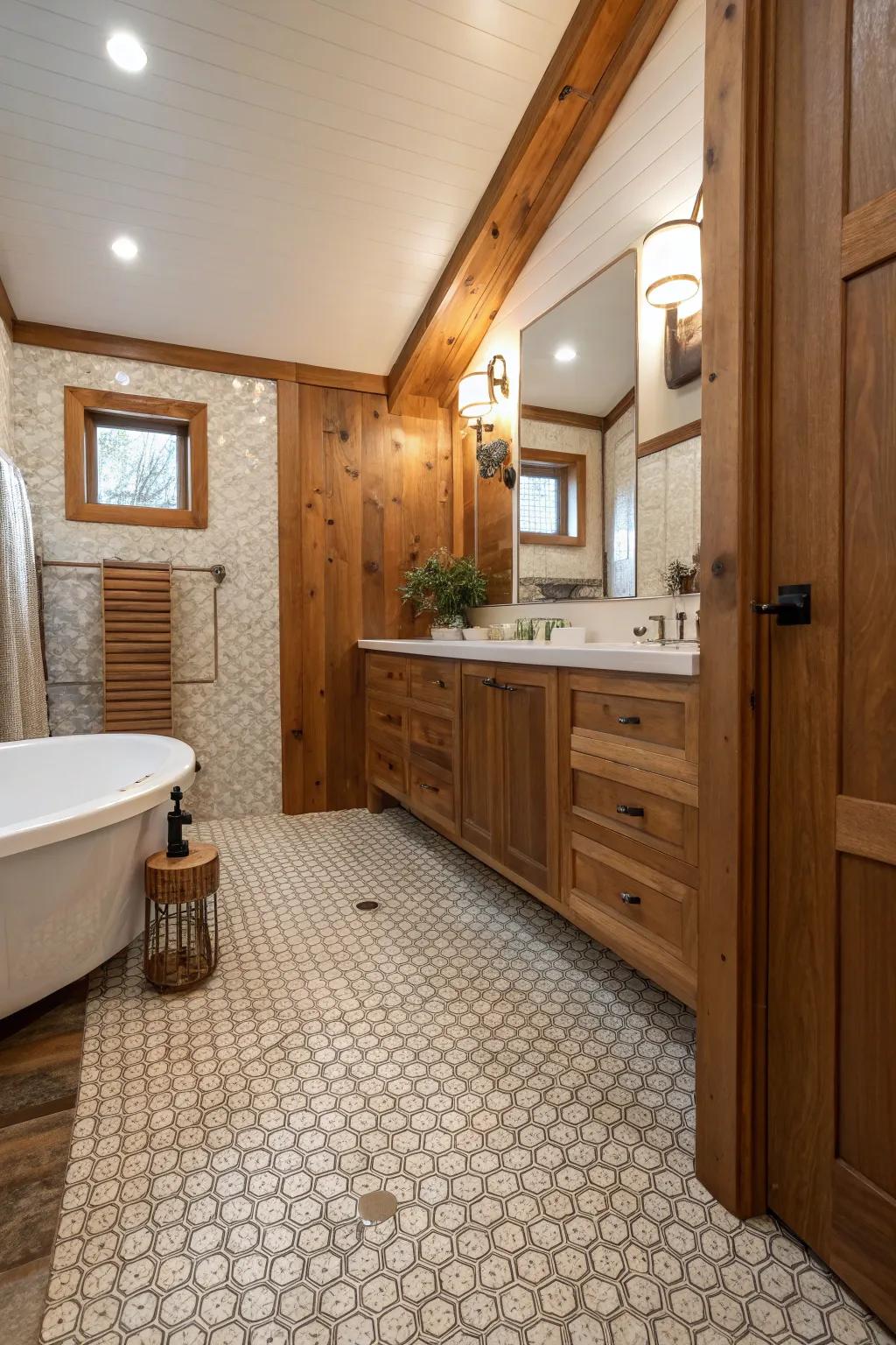 A harmonious integration of penny tiles with natural wood elements.