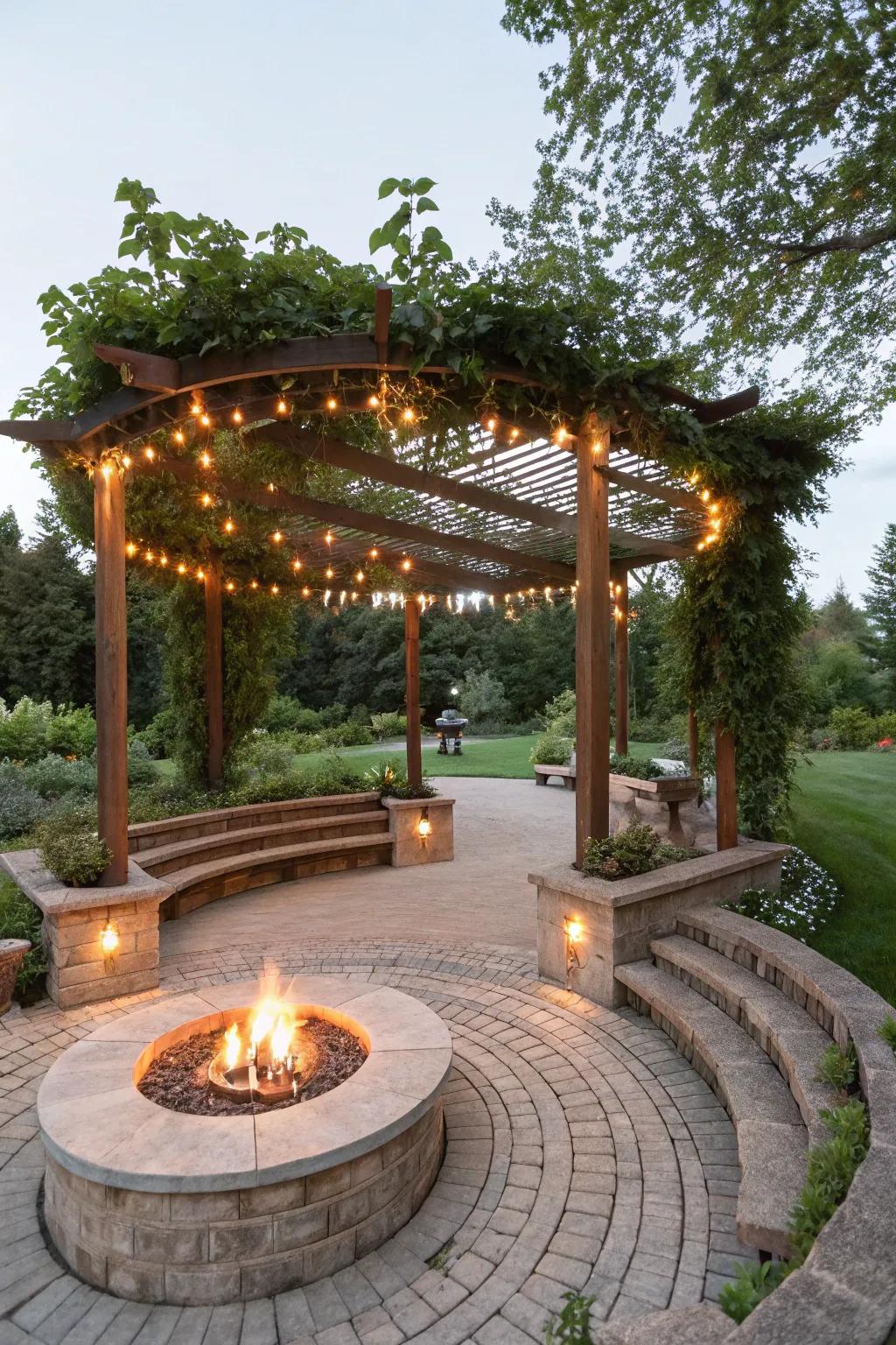 Add measurement using a multi-level pergola and hearth.