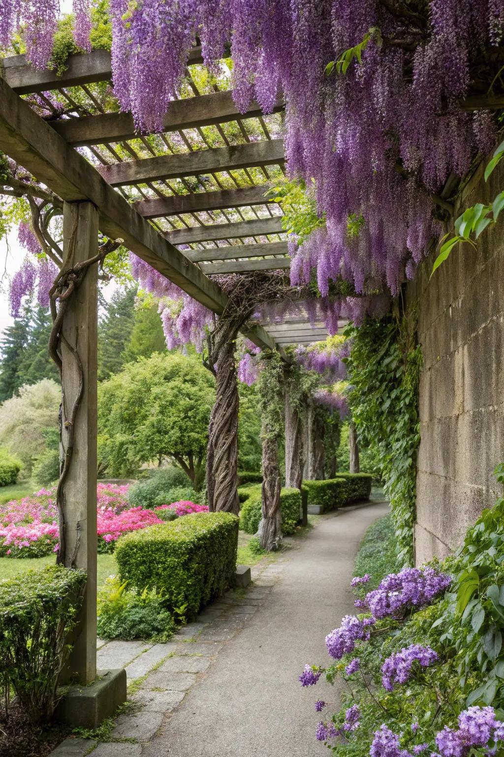 Climbing plants create a natural and vibrant privacy wall.