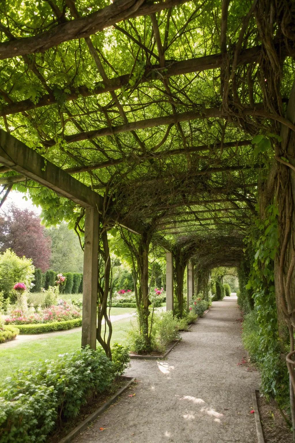 Vine-covered trellises blend beauty with functionality.
