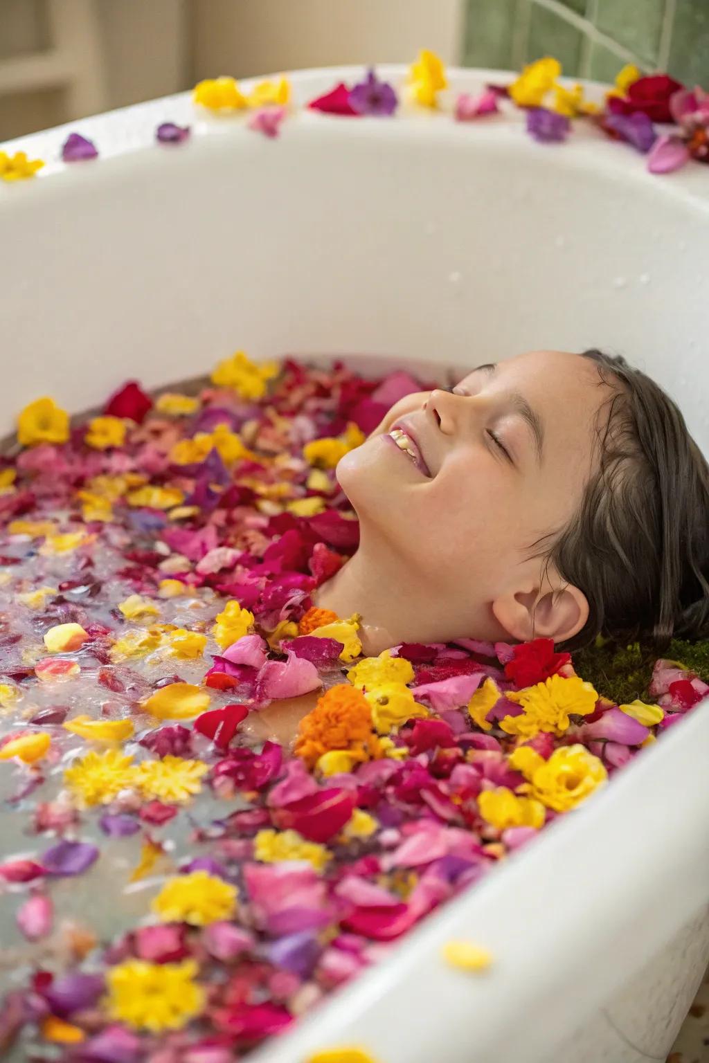 A child taking pleasure in a vibrant flower bath.