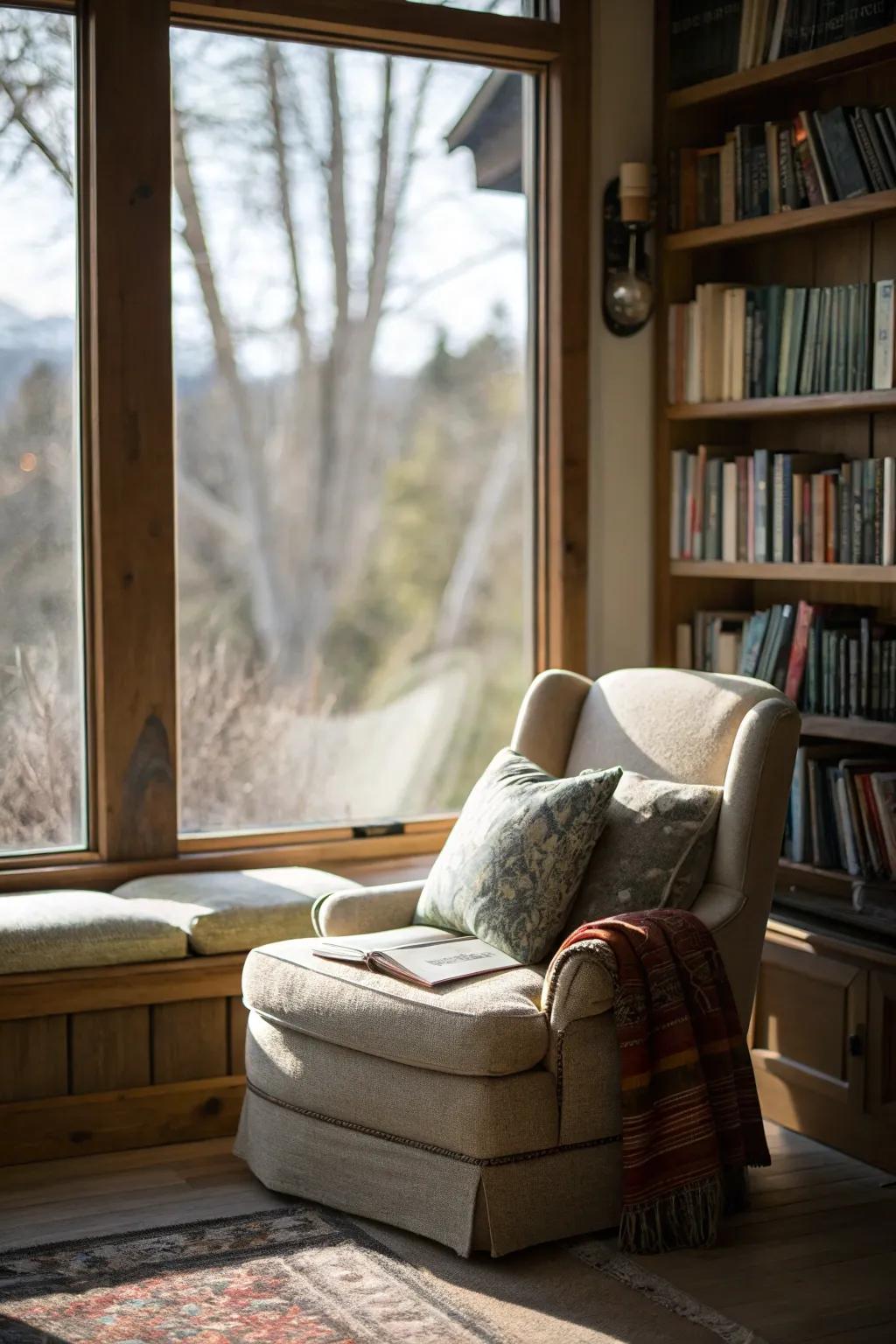 Welcoming reading nook with plush seating by a picture window, perfect for unwinding.