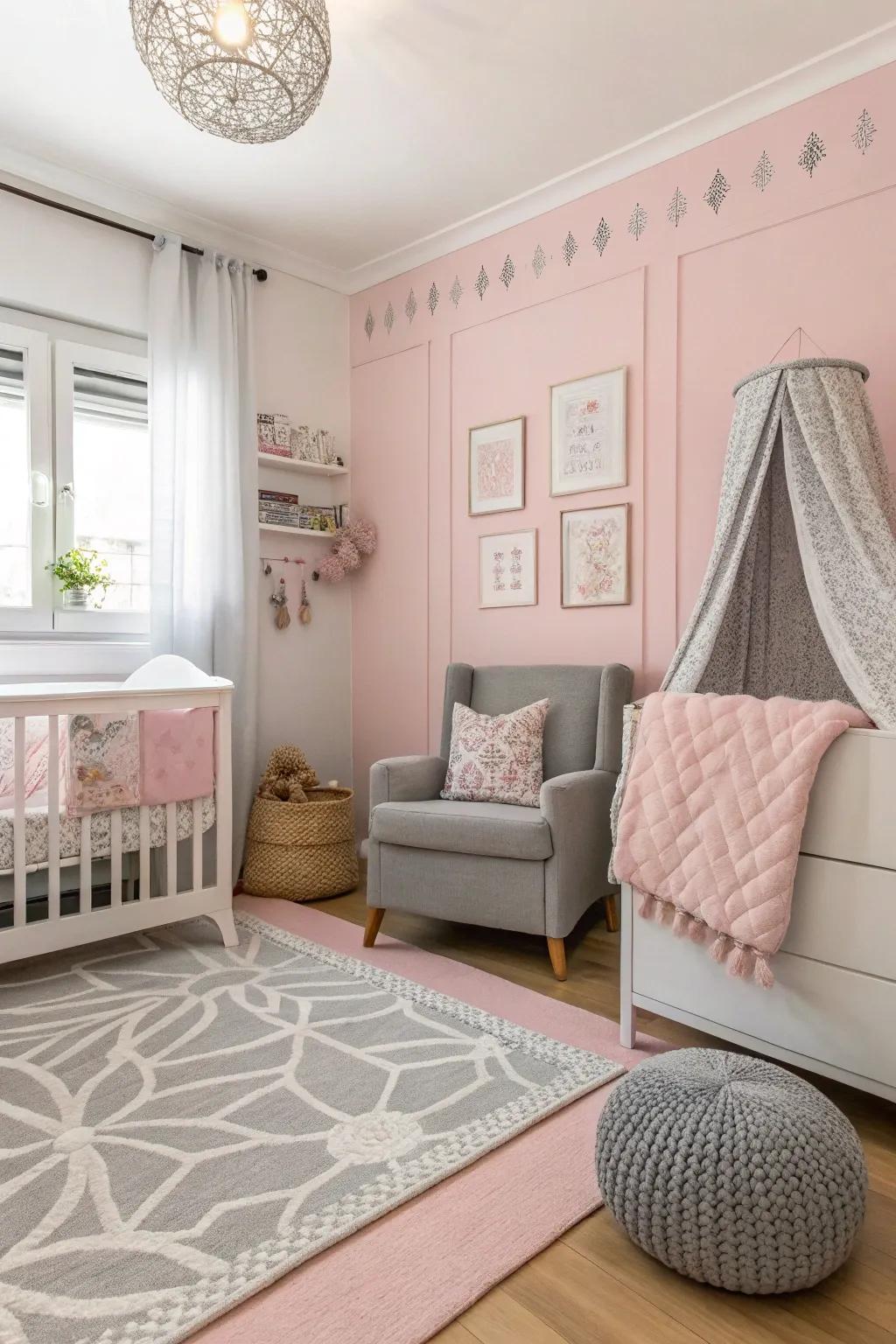 A nursery wherein pastel rose encounters gentle grey for an exquisite aesthetic.