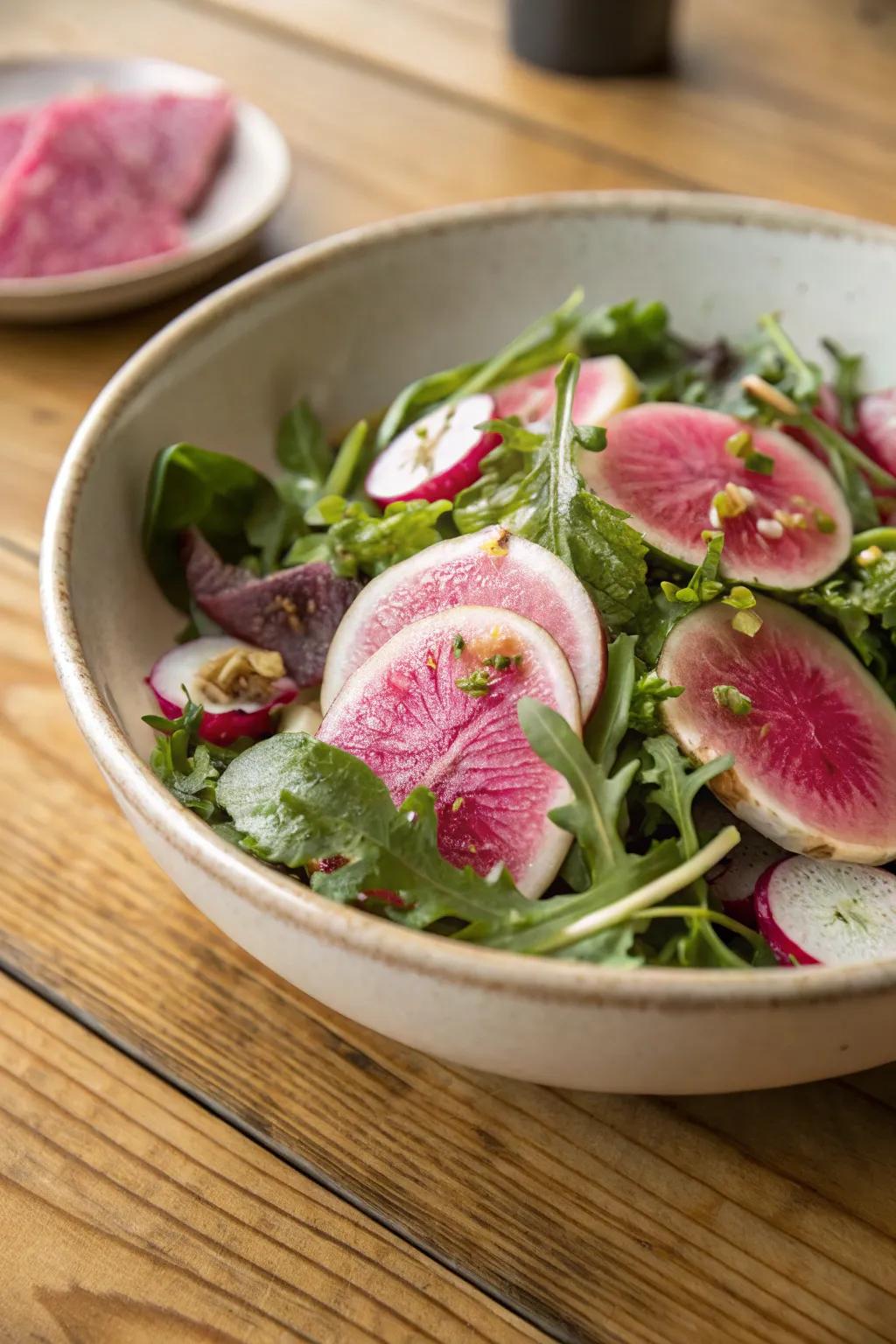 A crimson radish salad adds a sprinkle of pink to your dining experience.