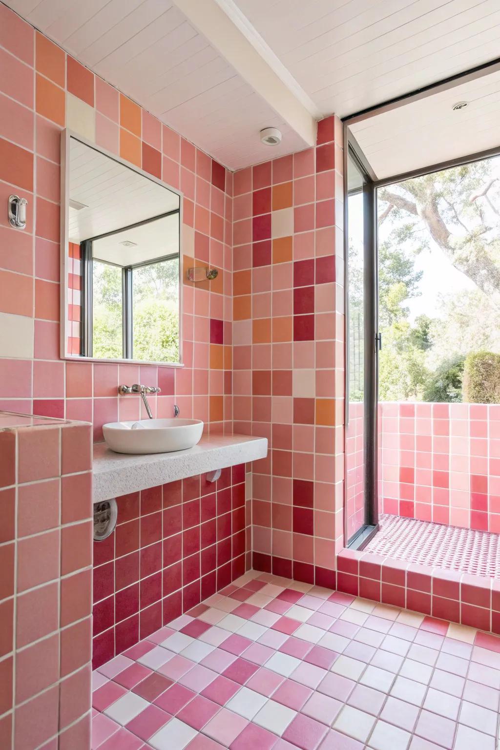 A bathroom that shows a range of rose tile shades.