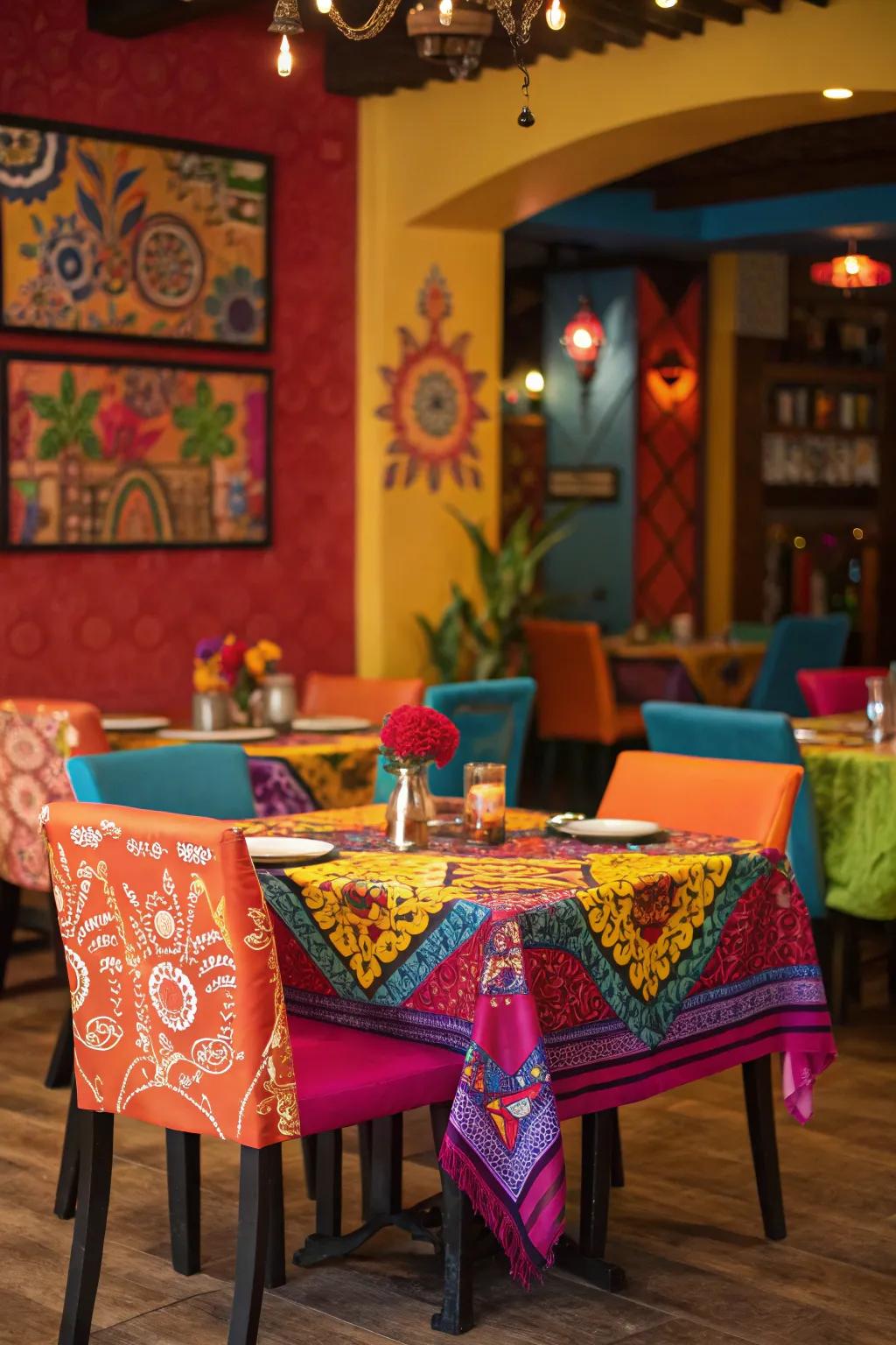 A high-contrast colored wall art energizing a vibrant dining room.