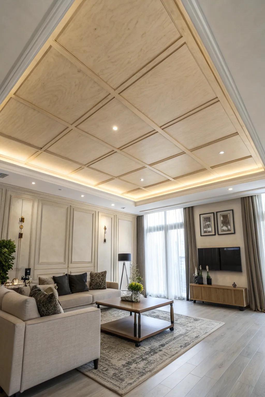 A simple yet sophisticated plywood ceiling fitting a modern aesthetic.