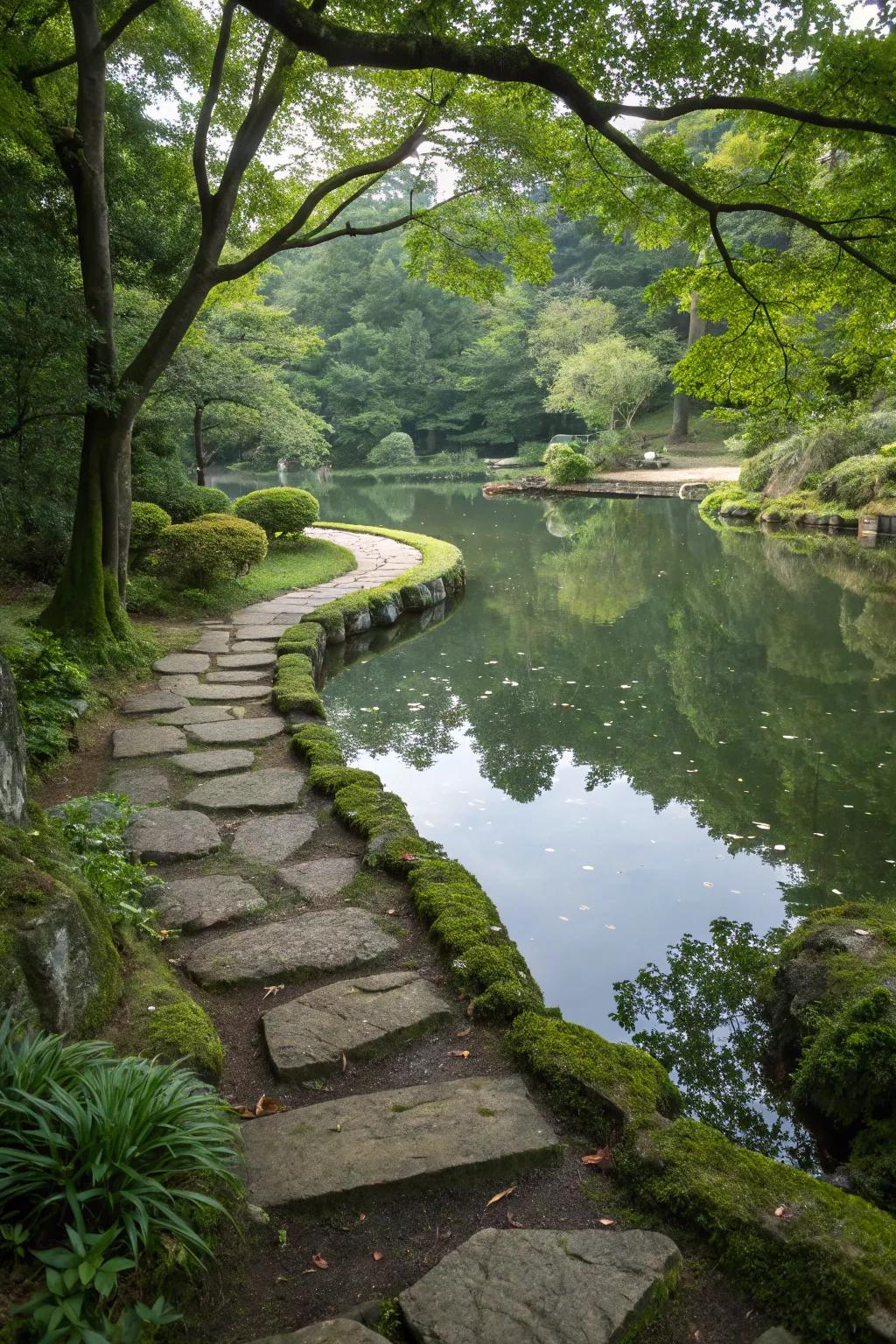 Stone routes invite wandering around this peaceful pond.