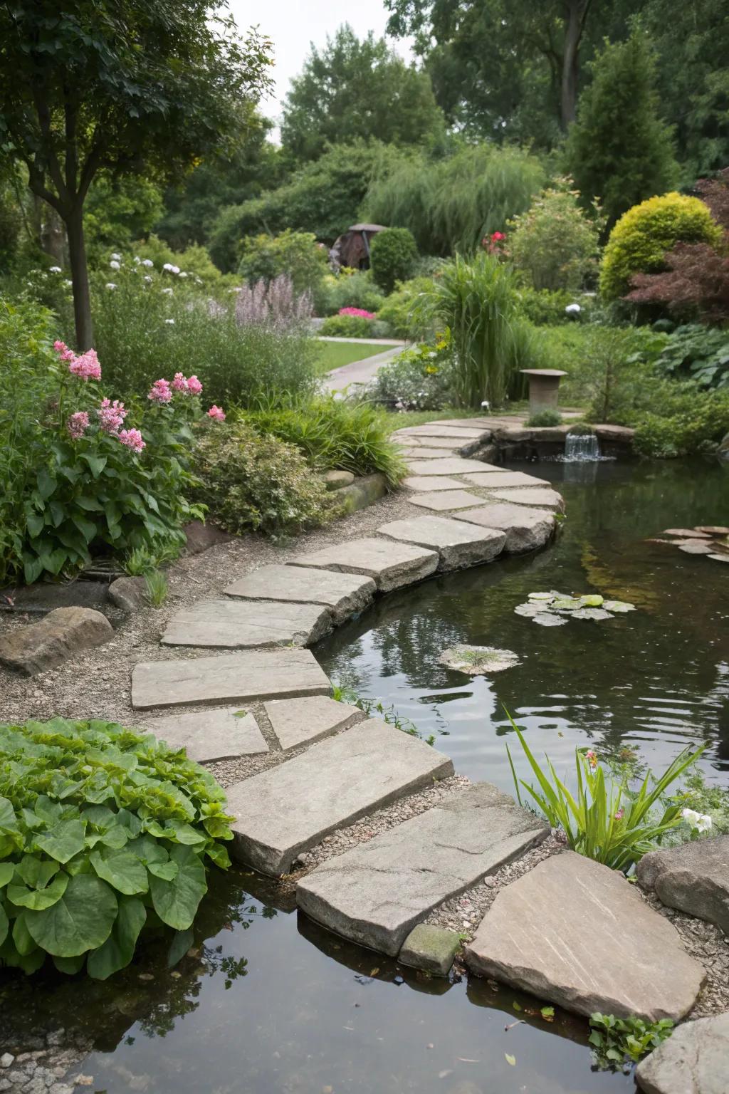 Stone footpaths guide towards an alluring backyard pond.