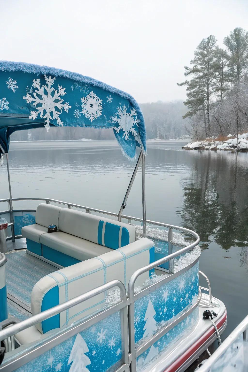 A winter wonderland-themed pontoon boat glowing with shimmering snowflakes.
