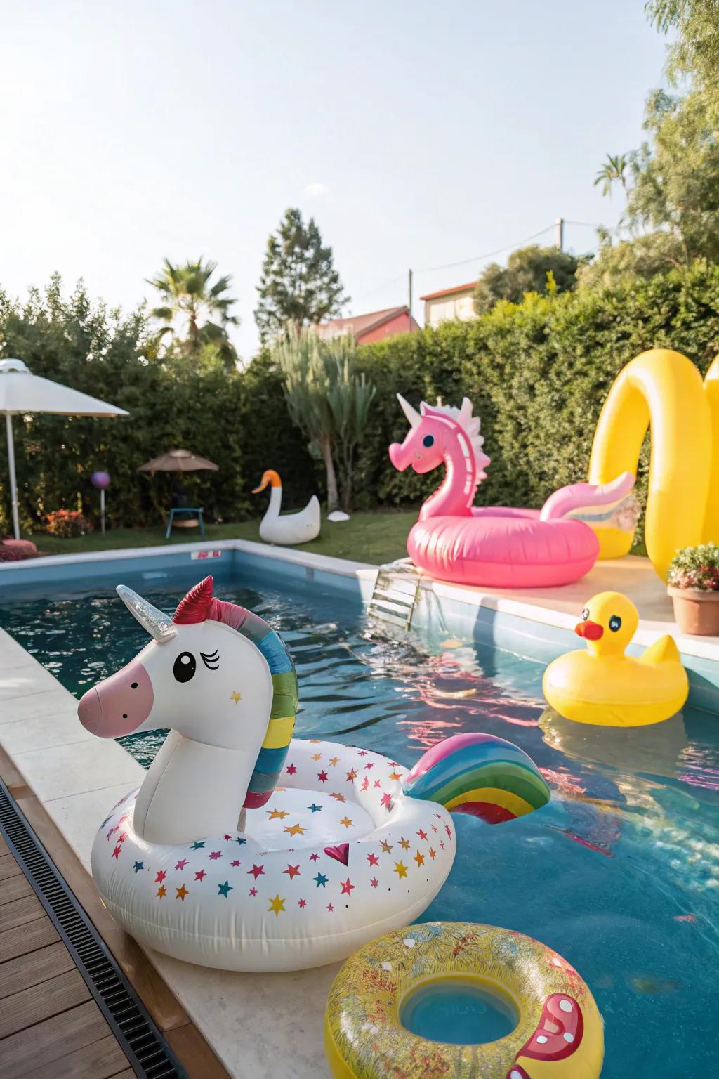 Whimsical subject-related aquatic playthings delivering amusement to the pool.
