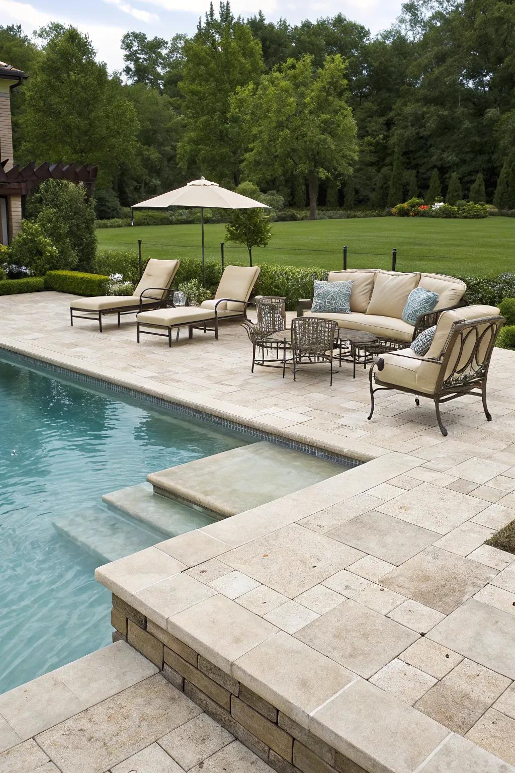 Travertine trim provides a high end feel for any pool.