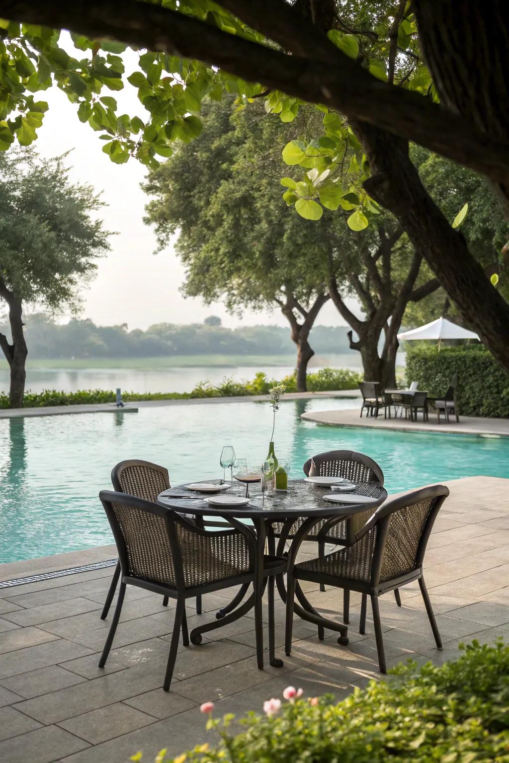 A dining spot by the pool perfect for alfresco dining.