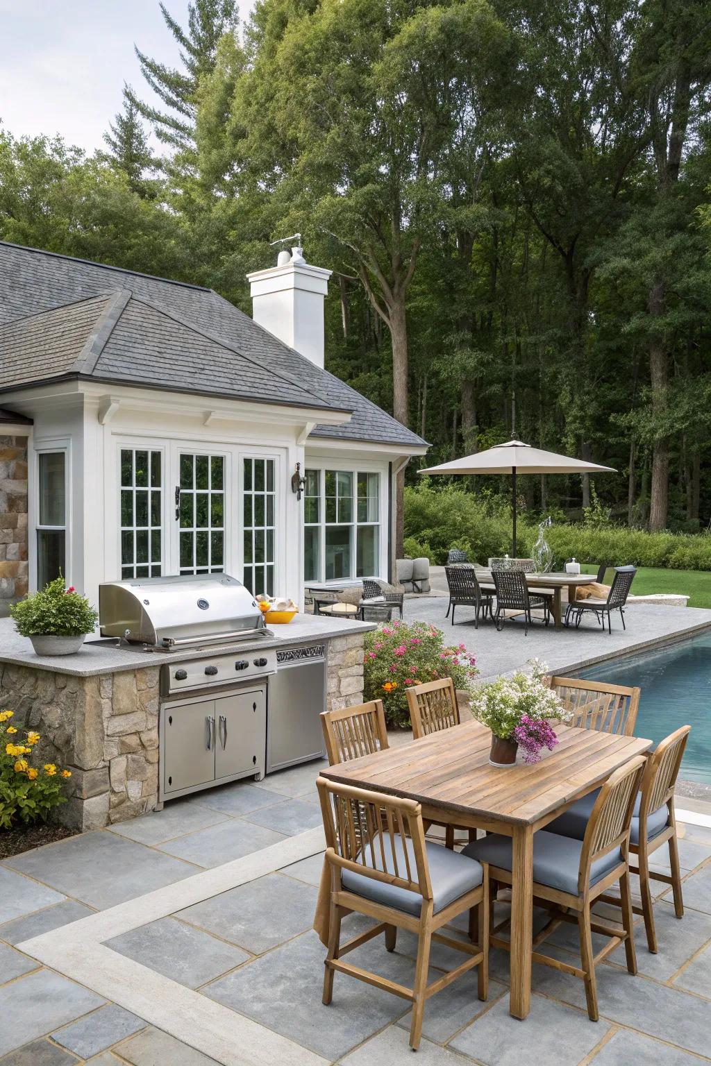 An outdoor cooking area adds a luxurious touch to the poolside experience.