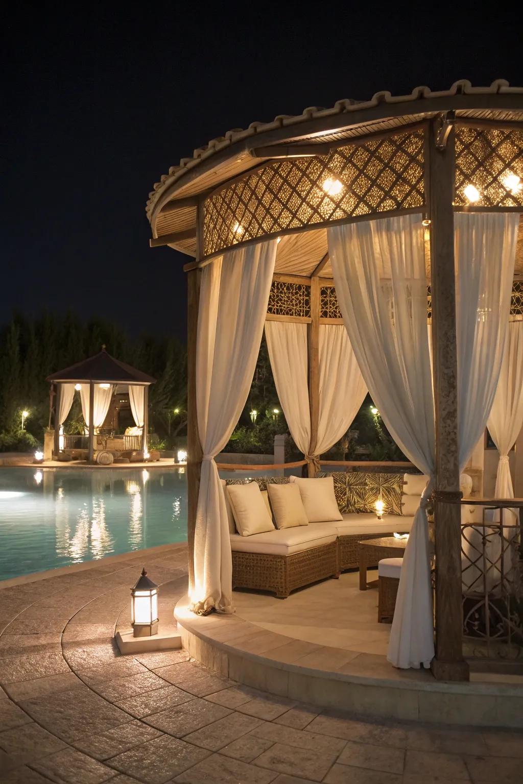 A gazebo creating a private retreat for relaxing and entertaining.
