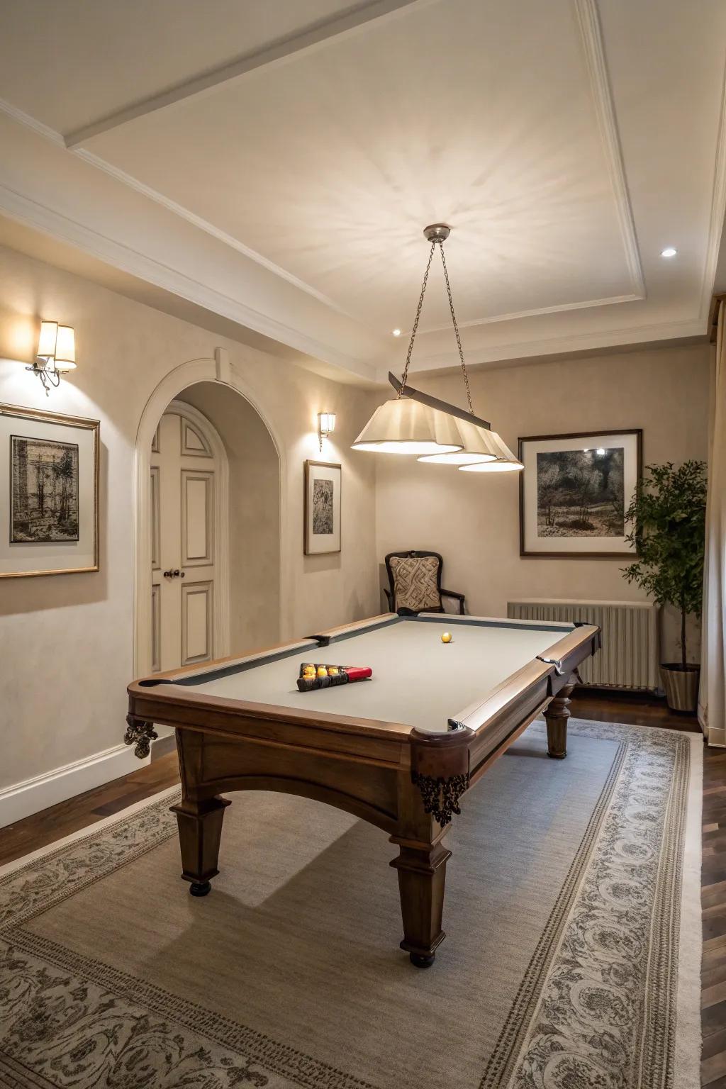 Relaxing colors provide a small pool room with an expansive and airy appearance.