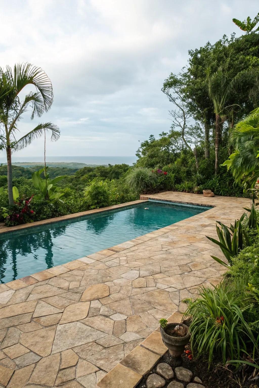 Tiles resembling natural stone craft a seamless integration with the surrounding scenery.