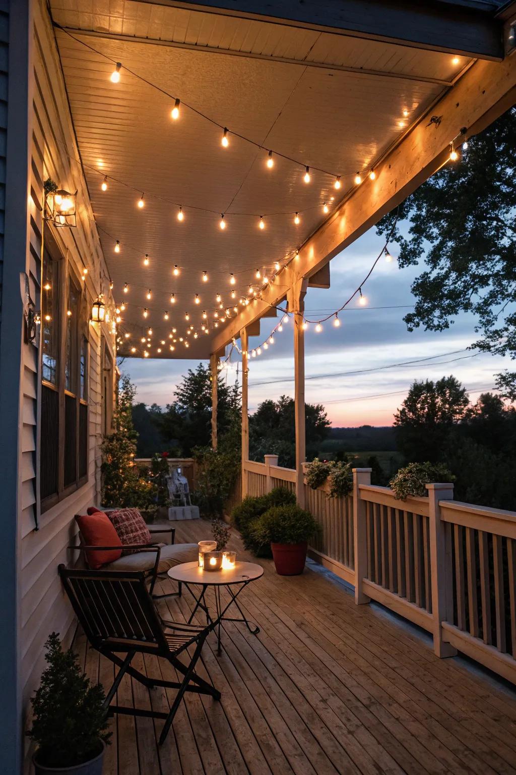 String lights fashion a cozy and magical porch ambiance.