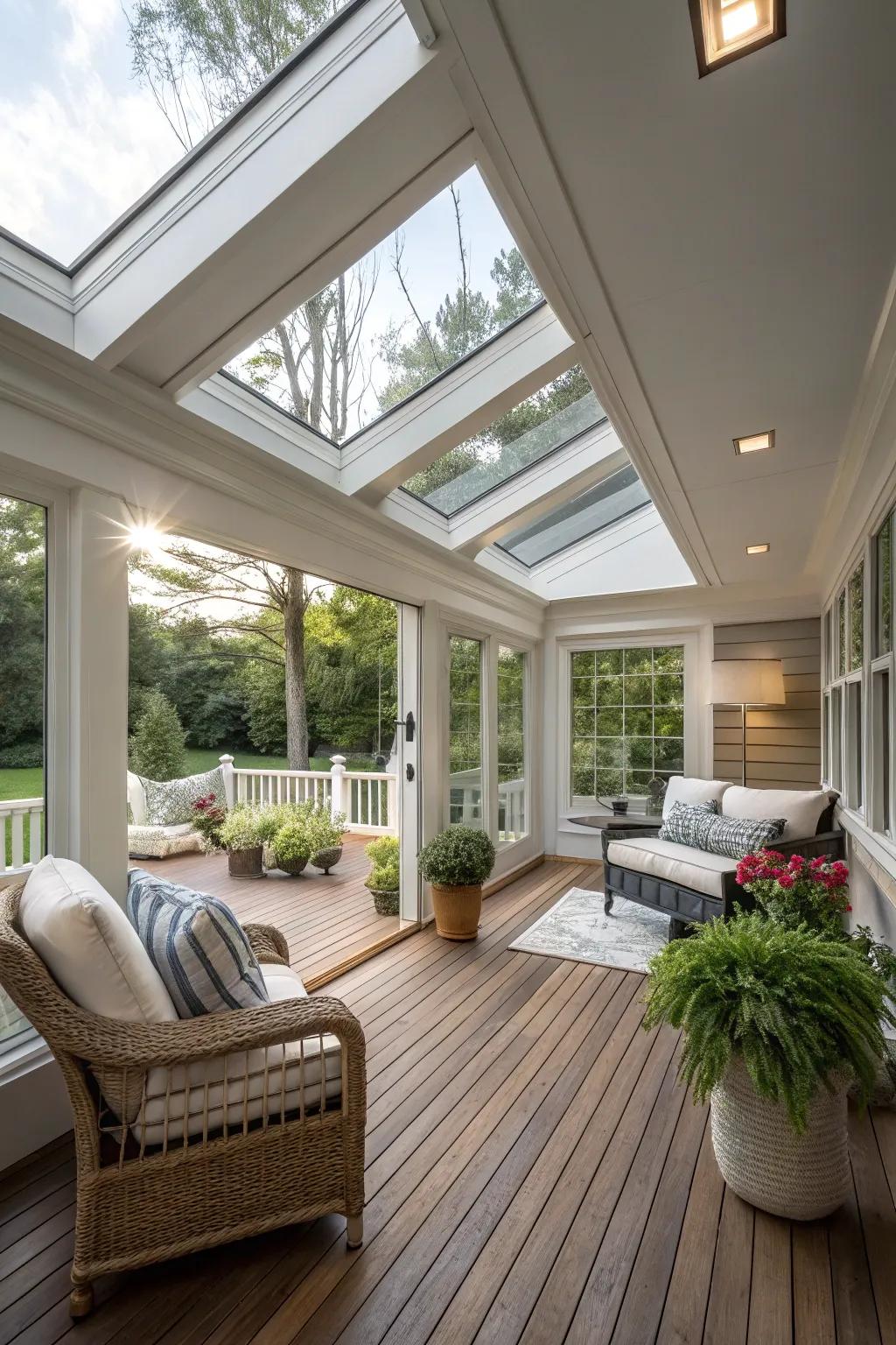 A porch extension with skylights allowing natural light.