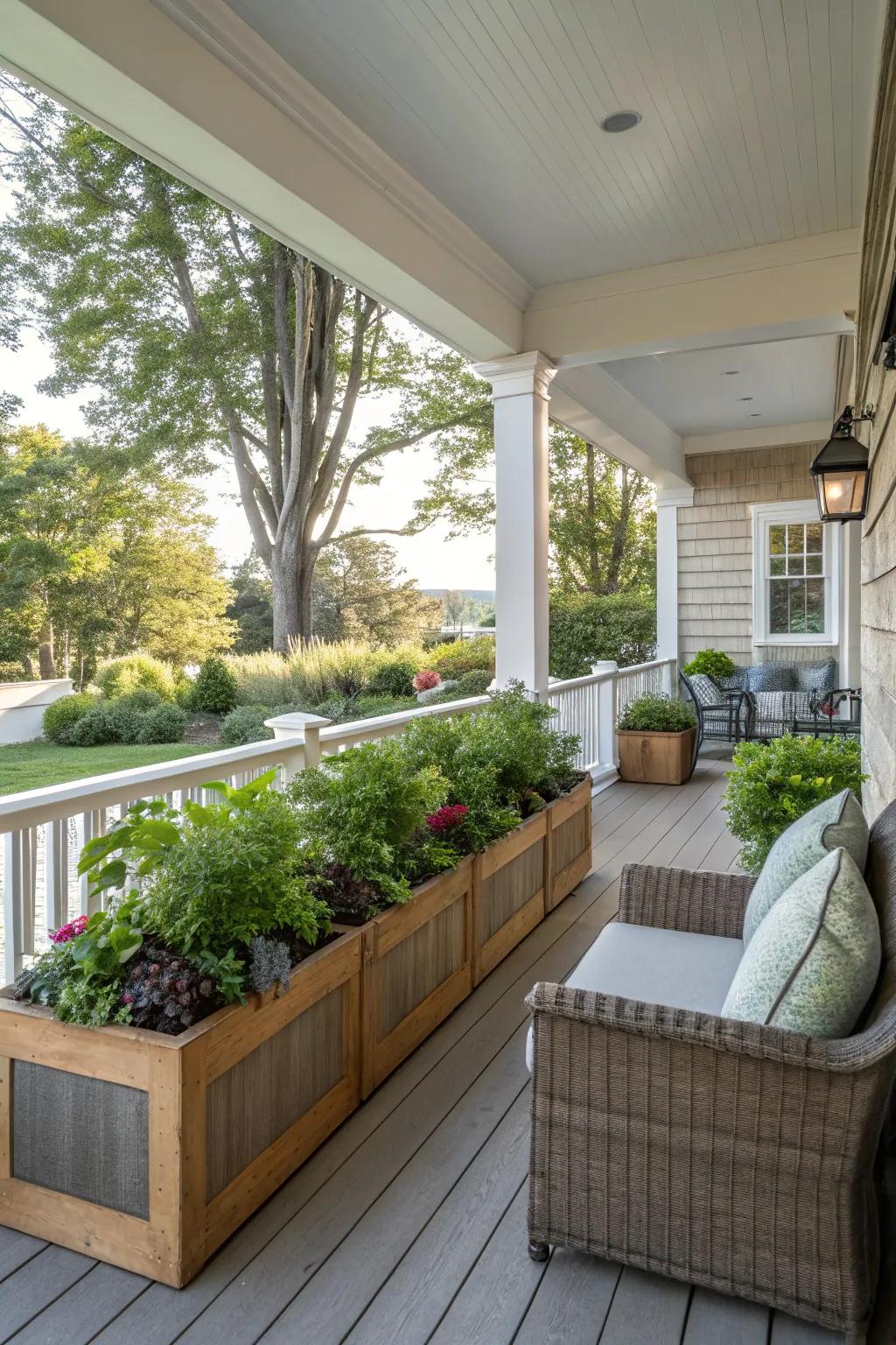 A knee wall integrated with built-in planters, adding a touch of nature.