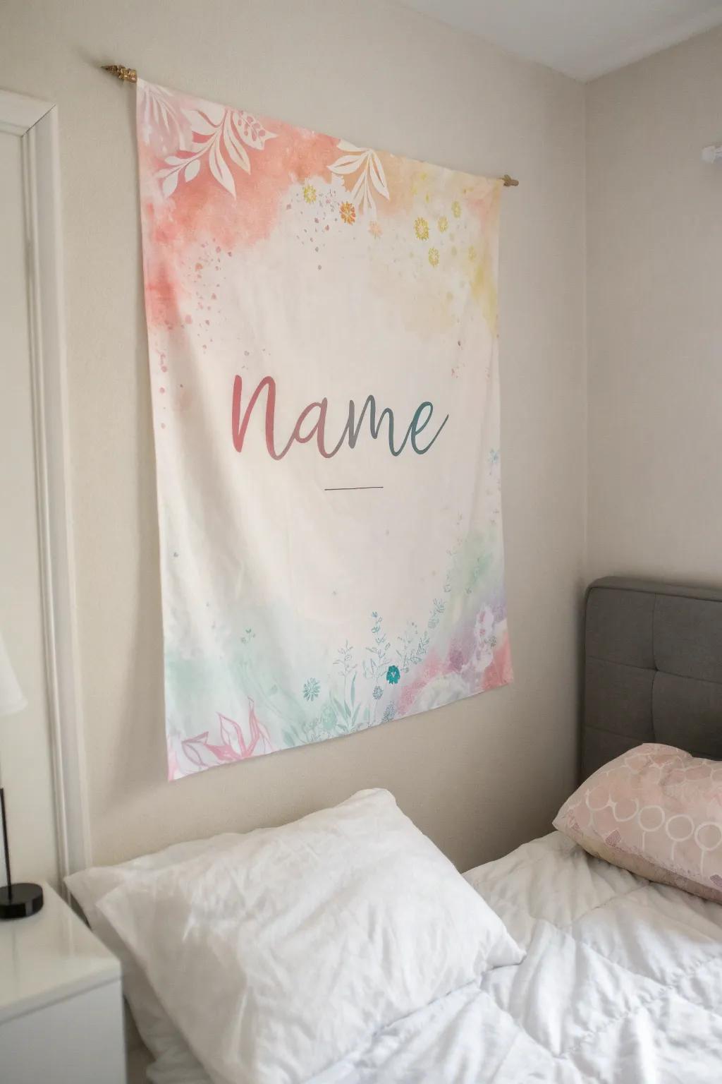 A dreamy watercolor name display introducing serenity to a bedroom.