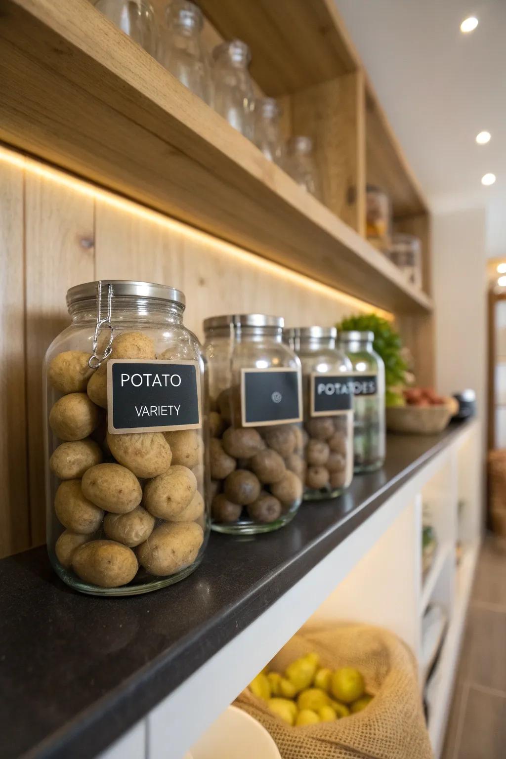 Slate labels contribute a personal touch to potato storage.