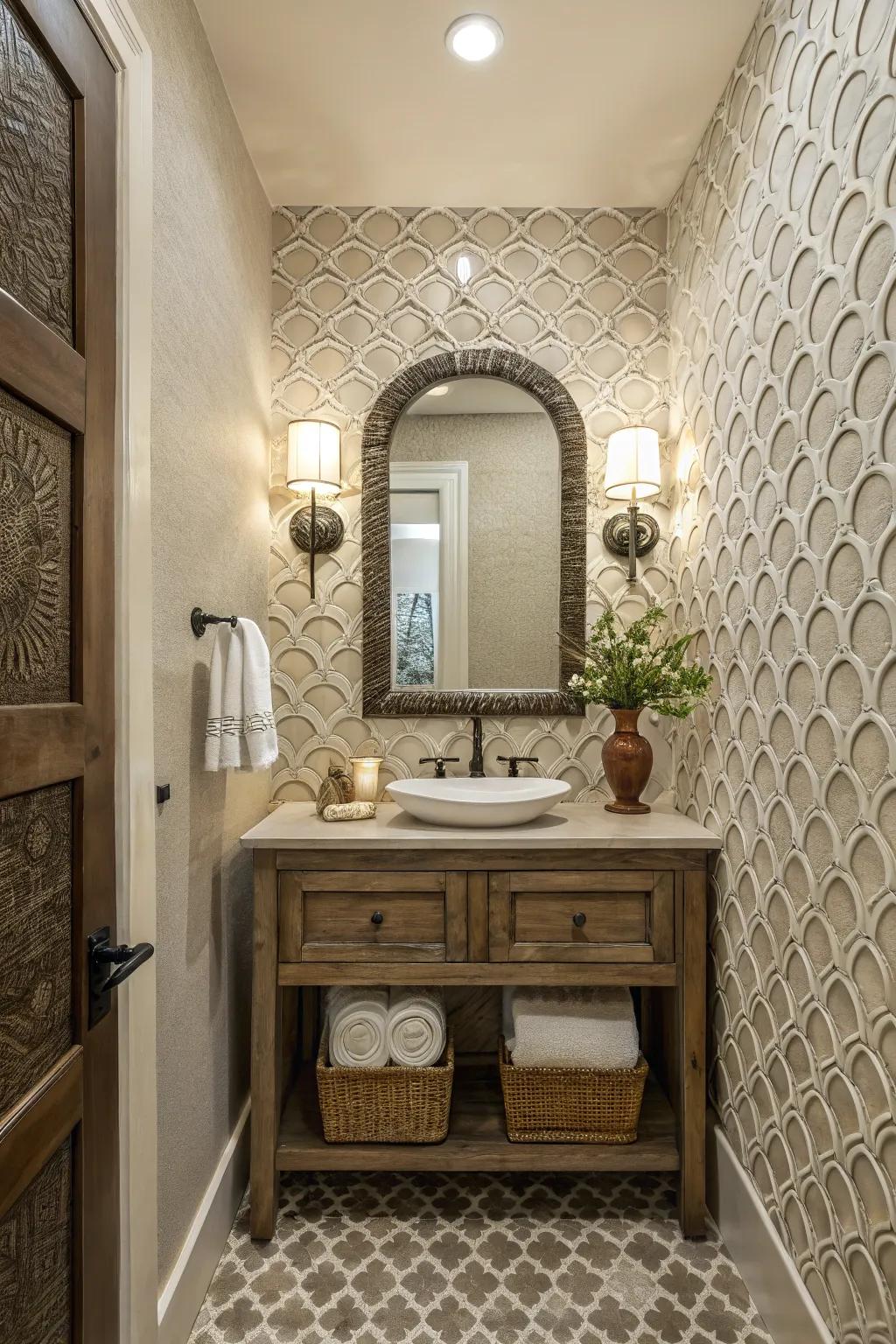 A powder room displaying an accent wall adorned with textured tiles.