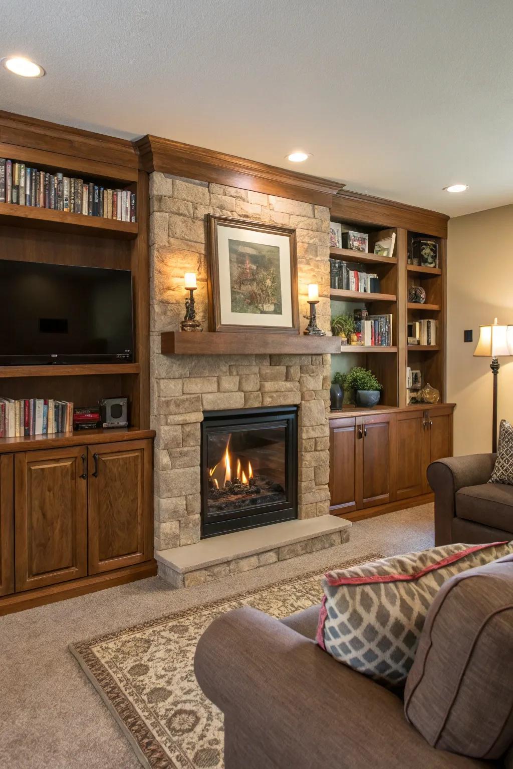 A living room with an integrated wall component including a propane fireplace.